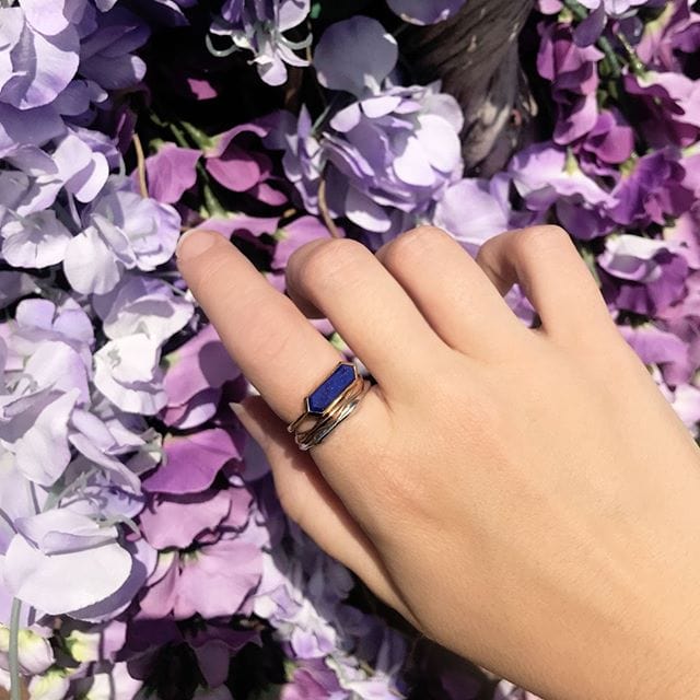 Geometric Hexagon Lapis Lazuli Ring In Gold Plated 925 Sterling Silver on Model