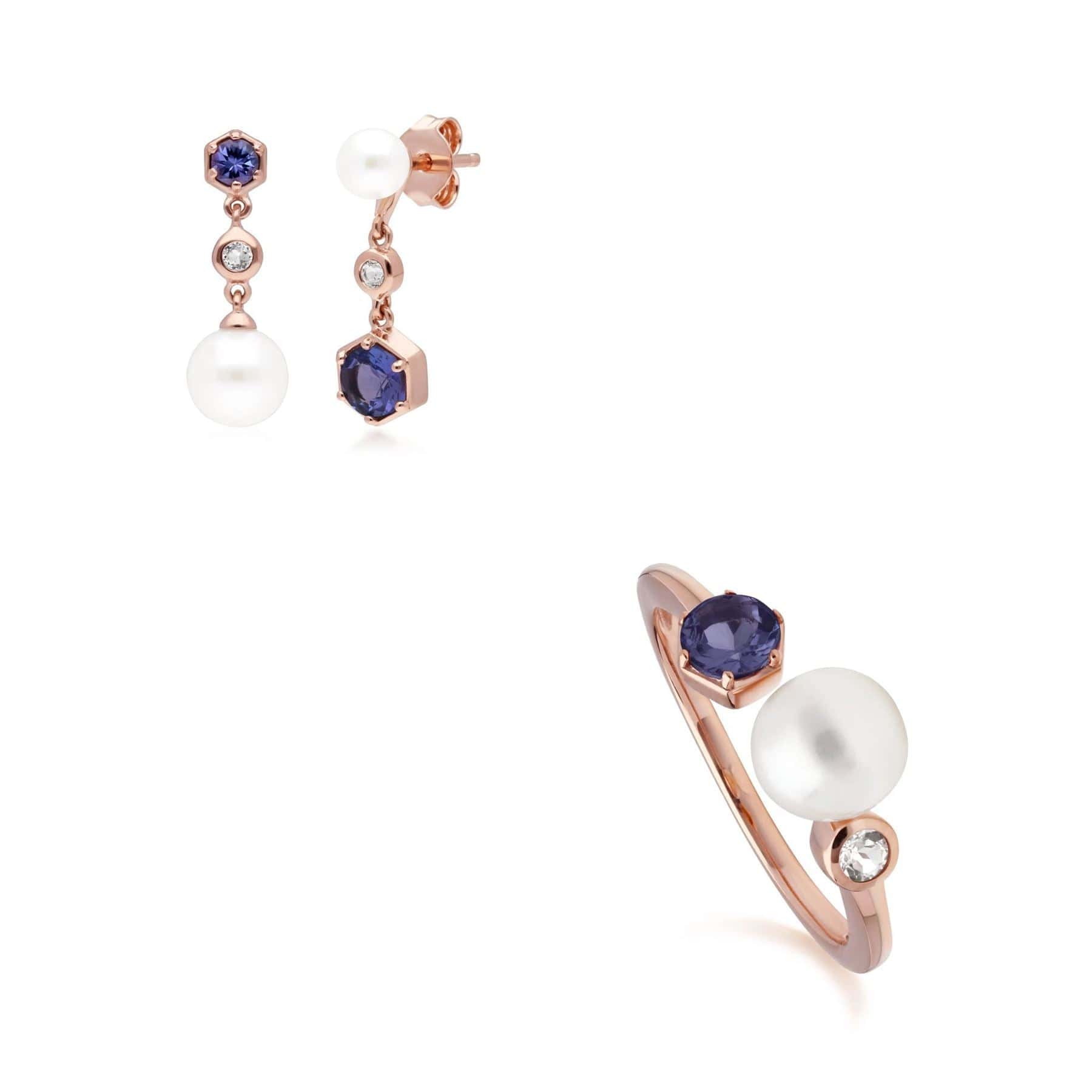 Modern Pearl, Tanzanite & Topaz Earring & Ring Set in Rose Gold Plated Silver - Gemondo