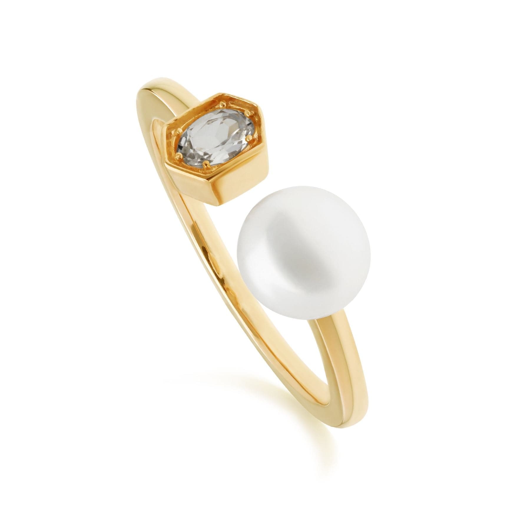 Modern Pearl & White Topaz Open Ring in Gold Plated Sterling Silver