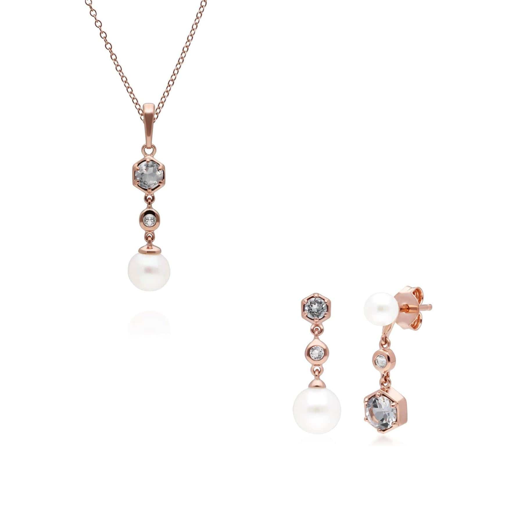 Modern Pearl & White Topaz Pendant & Earring Set in Rose Gold Plated Silver - Gemondo