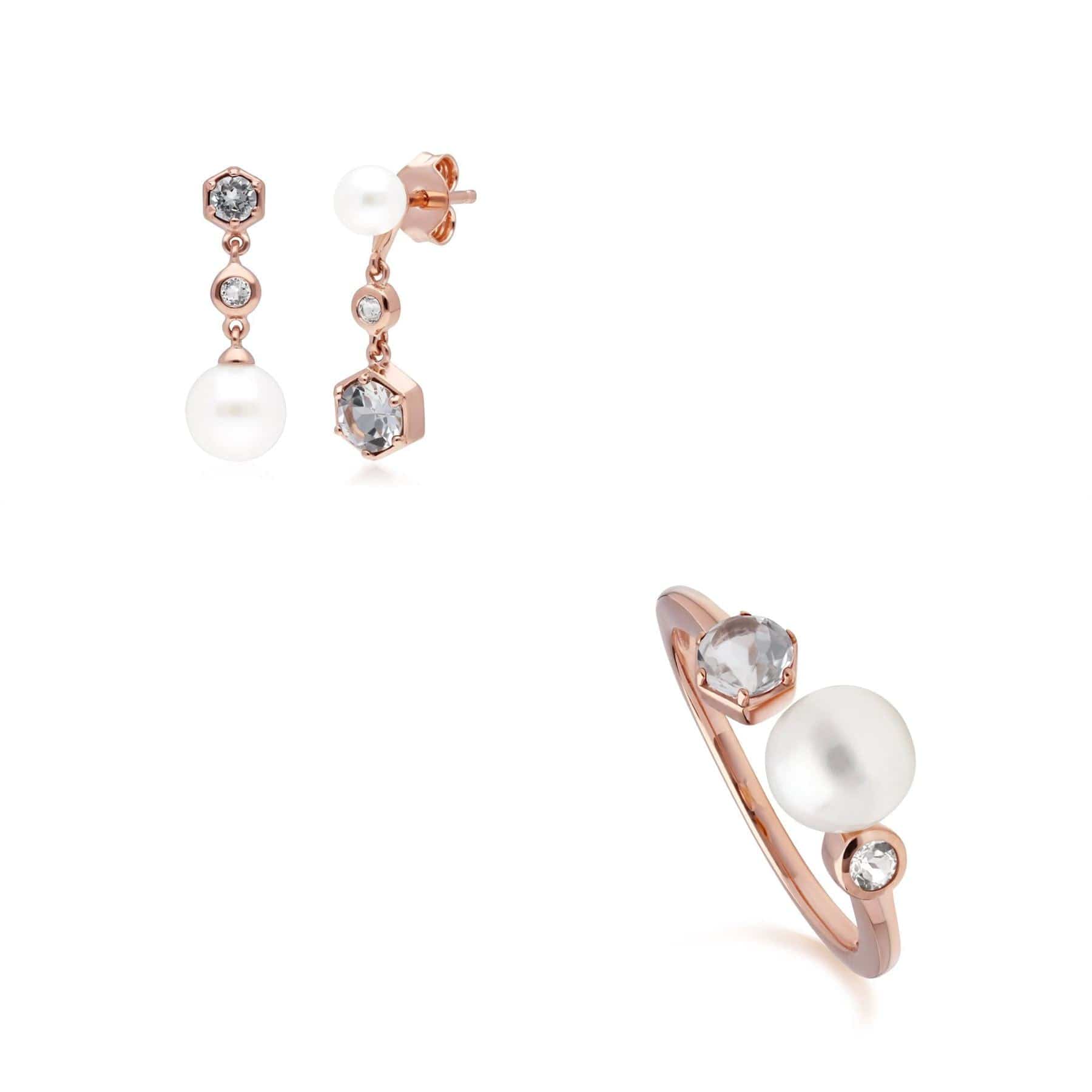 Modern Pearl & White Topaz Earring & Ring Set in Rose Gold Plated Silver - Gemondo