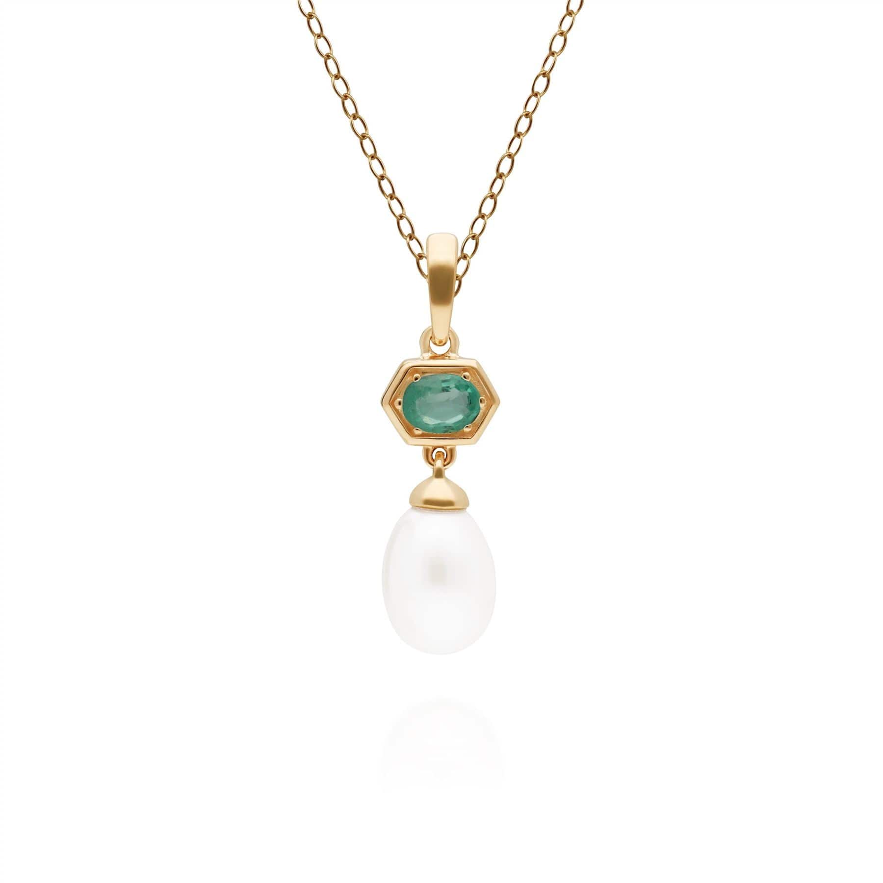 Modern Pearl & Emerald Hexagon Drop Pendant in Gold Plated Sterling Silver