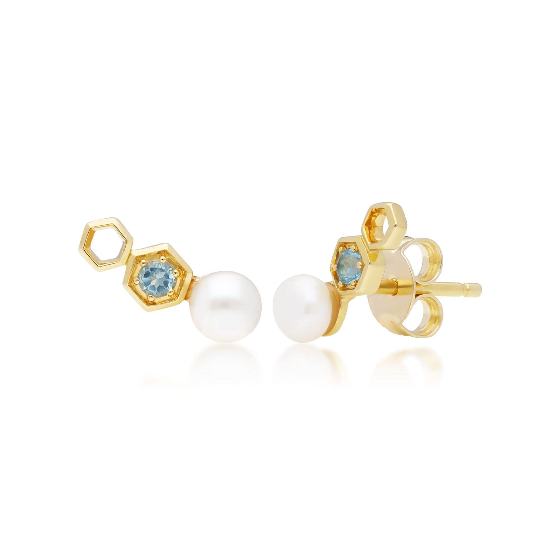 Modern Pearl & Blue Topaz Ear Climber Studs in 9ct Yellow Gold - Gemondo