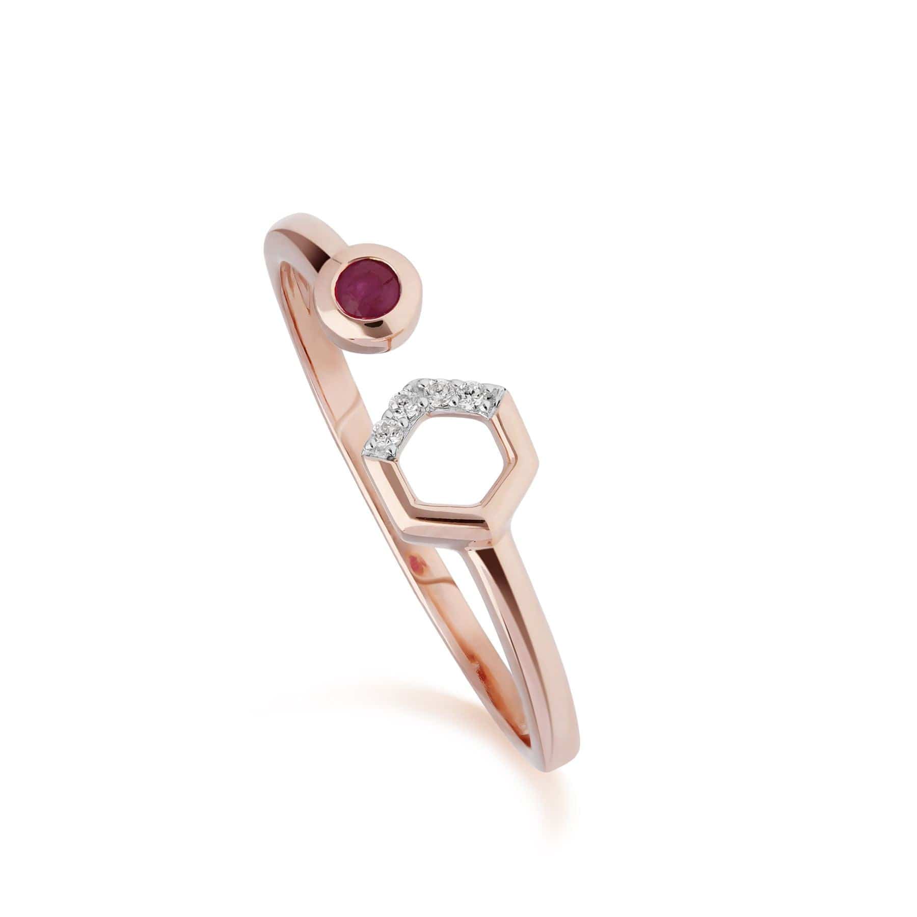 Contemporary Ruby & Diamond Hexagon Open Ring in 9ct Rose Gold 