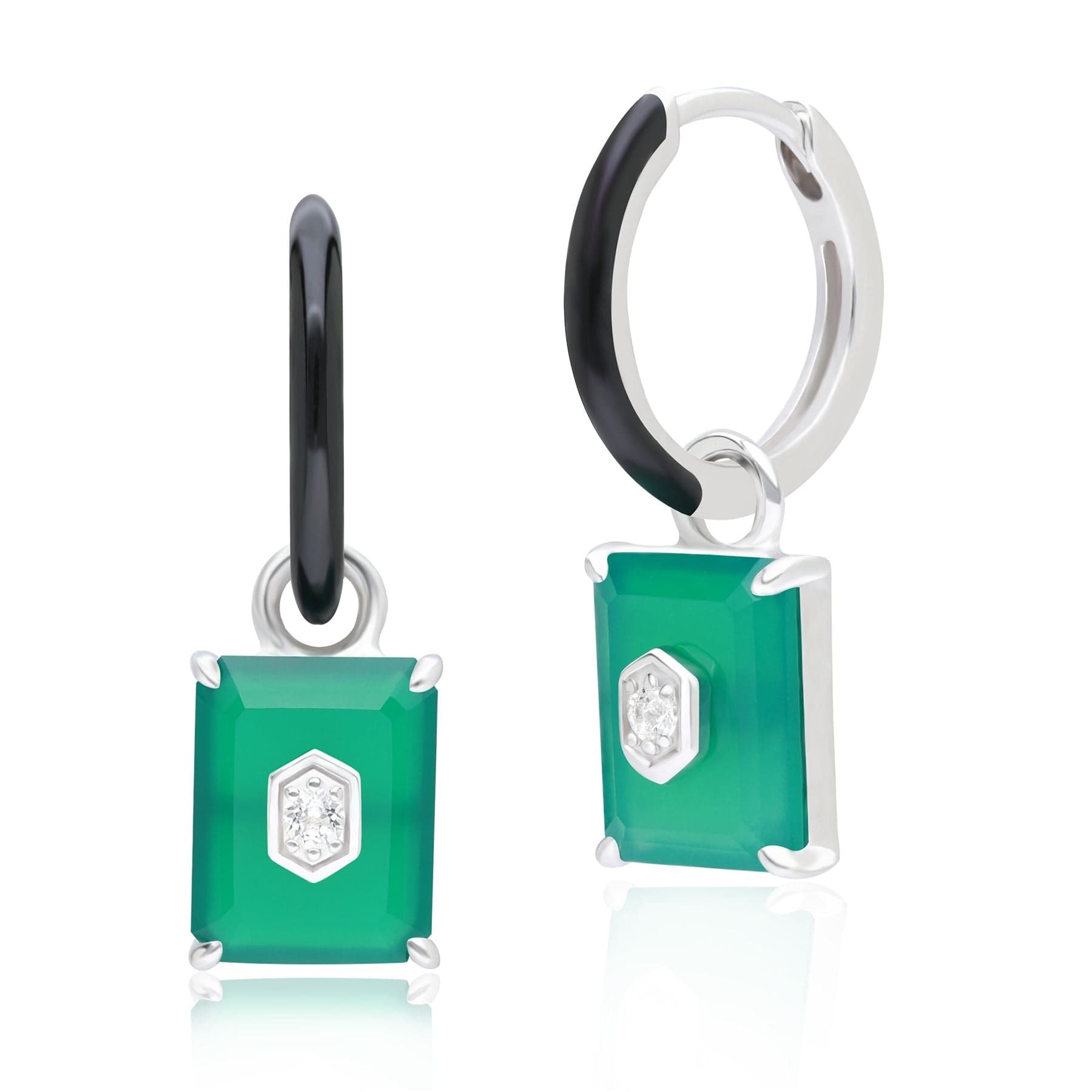 270E036901925 Grand Deco Black Enamel, Green Chalcedony & Topaz Dangle Hoop Earrings in Sterling Silver Front