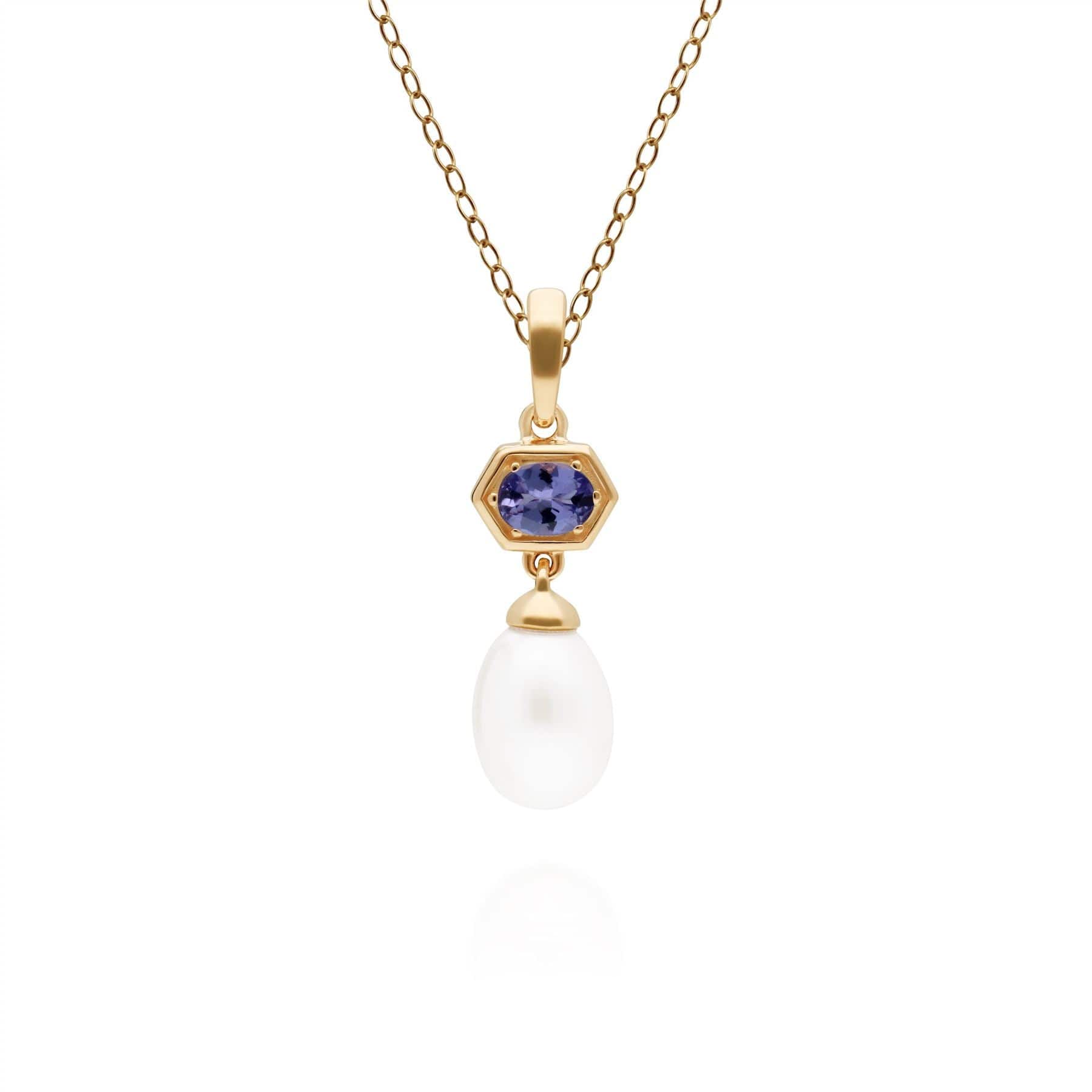 270P030208925 Modern Pearl & Tanzanite Hexagon Drop Pendant in Gold Plated Silver 1