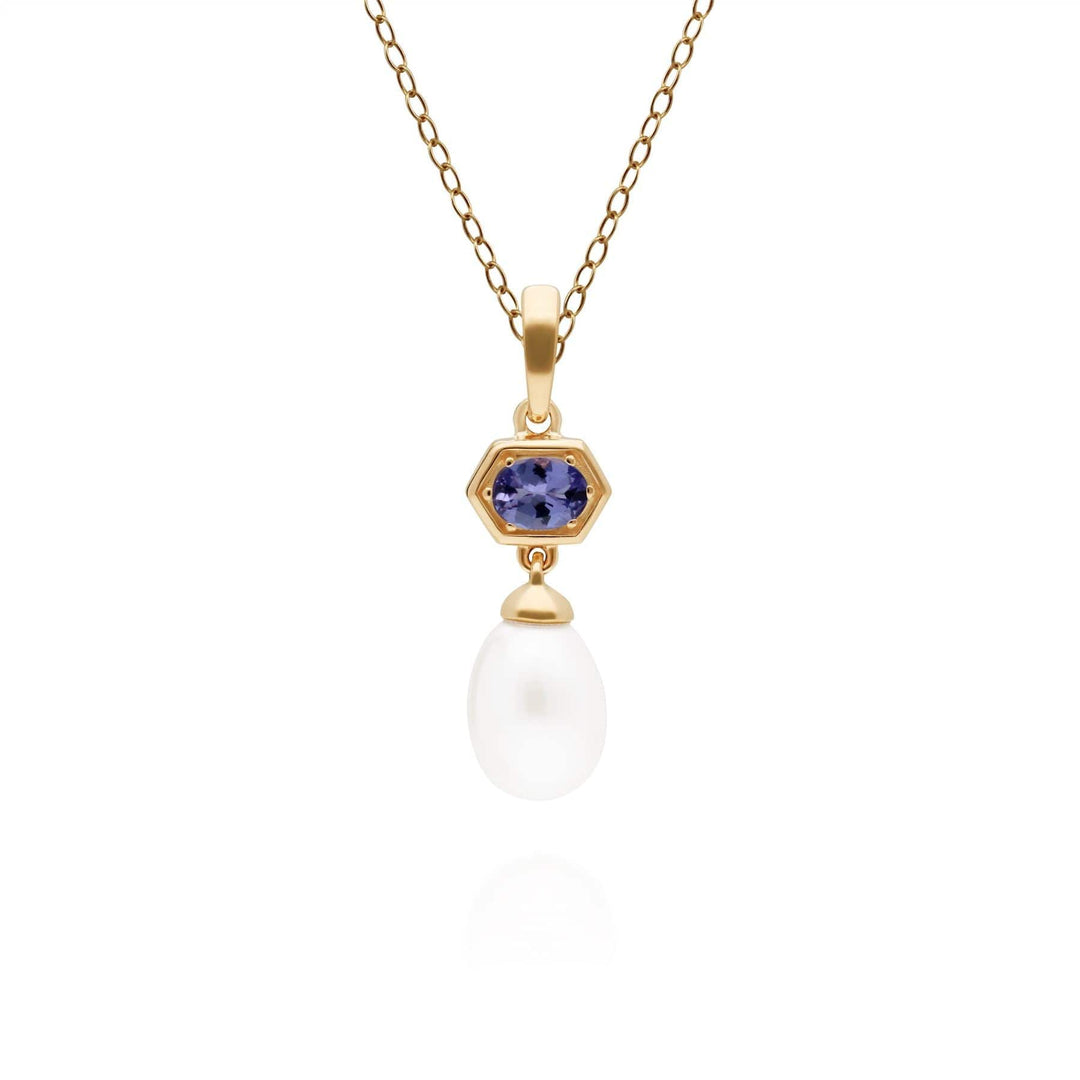 270P030208925 Modern Pearl & Tanzanite Hexagon Drop Pendant in Gold Plated Silver 1