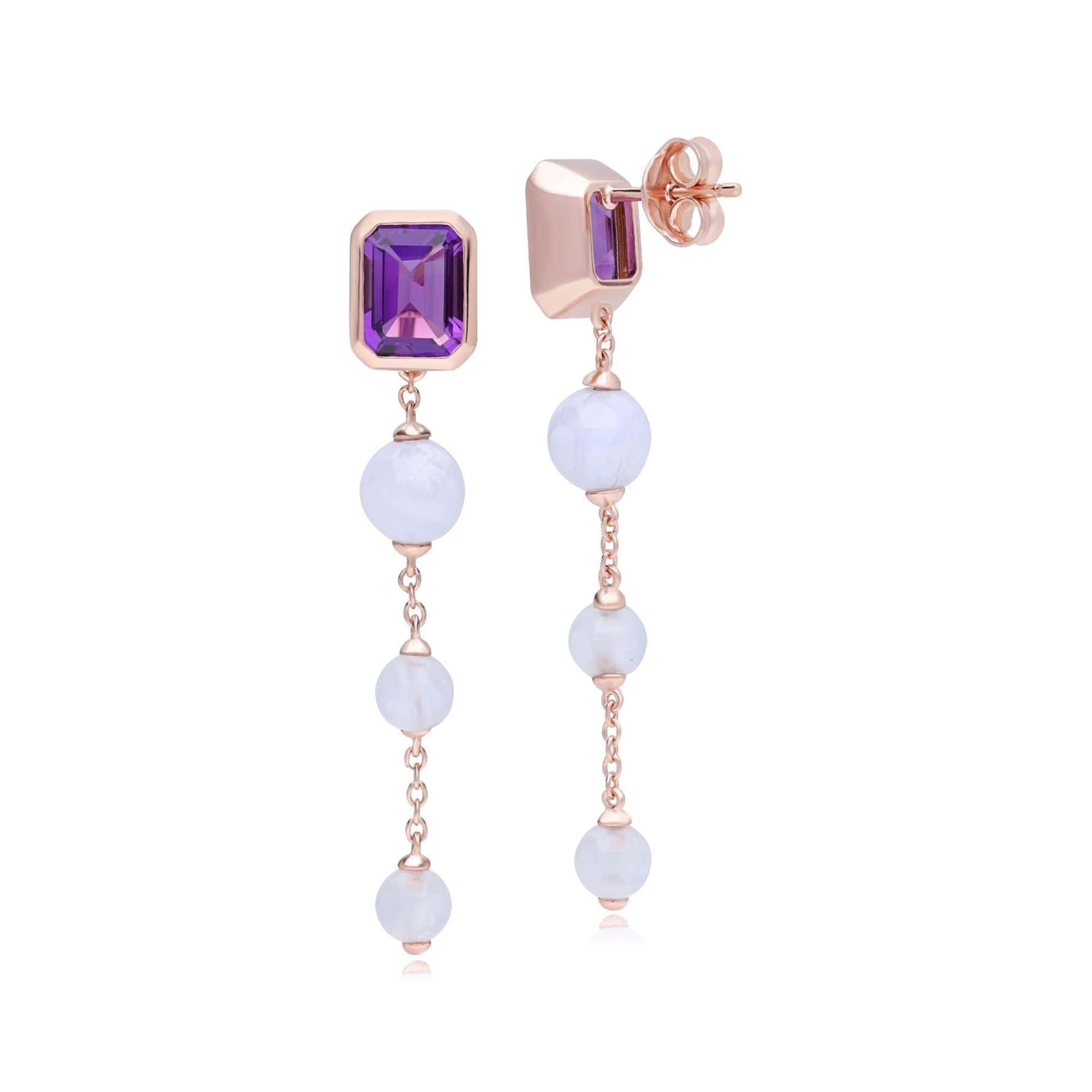 ECFEW™ 'The Unifier' Amethyst & Blue Lace Agate Beads Dangle Rose Gold  Plated  Earrings