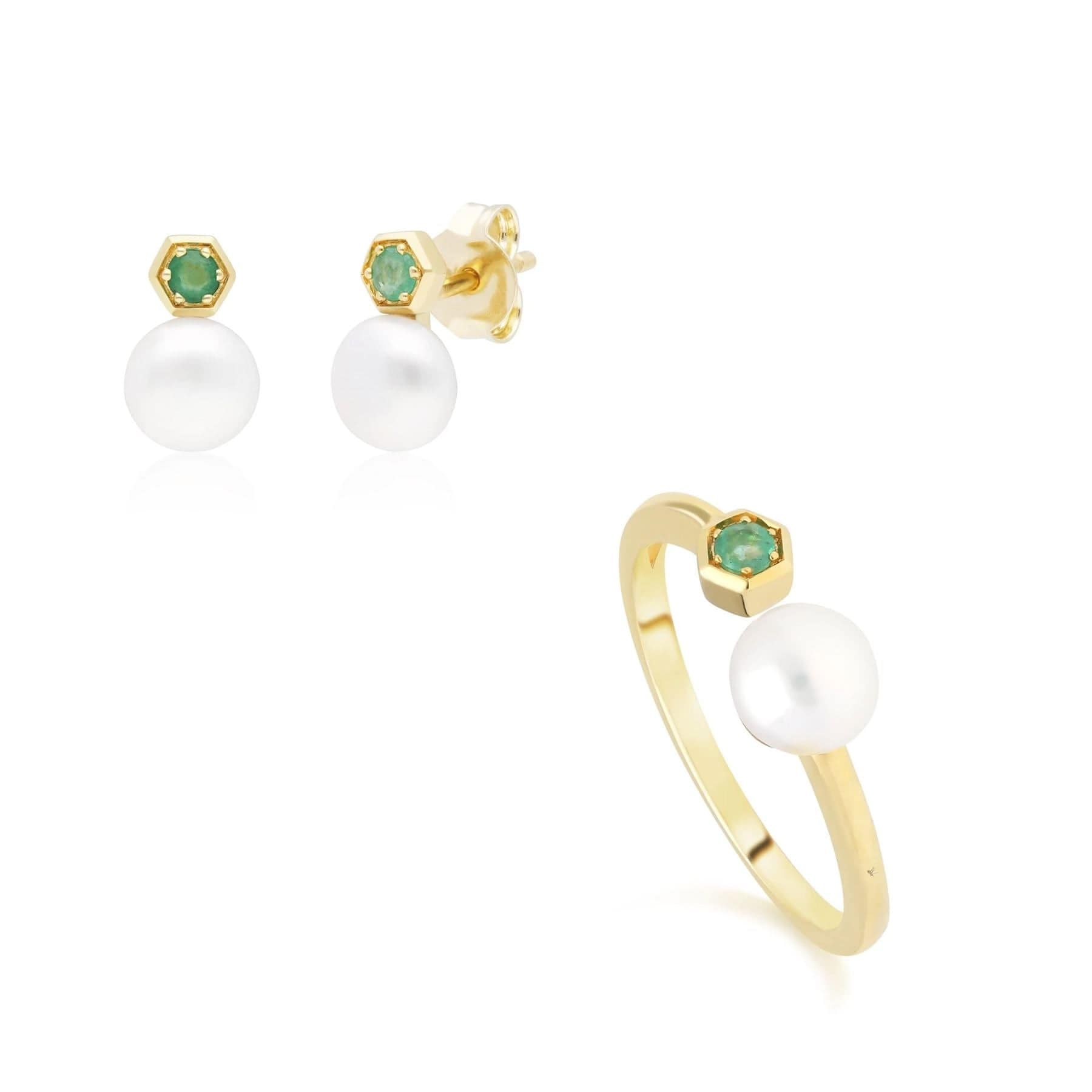 Modern Pearl & Emerald Earring & Ring Set in 9ct Gold - Gemondo