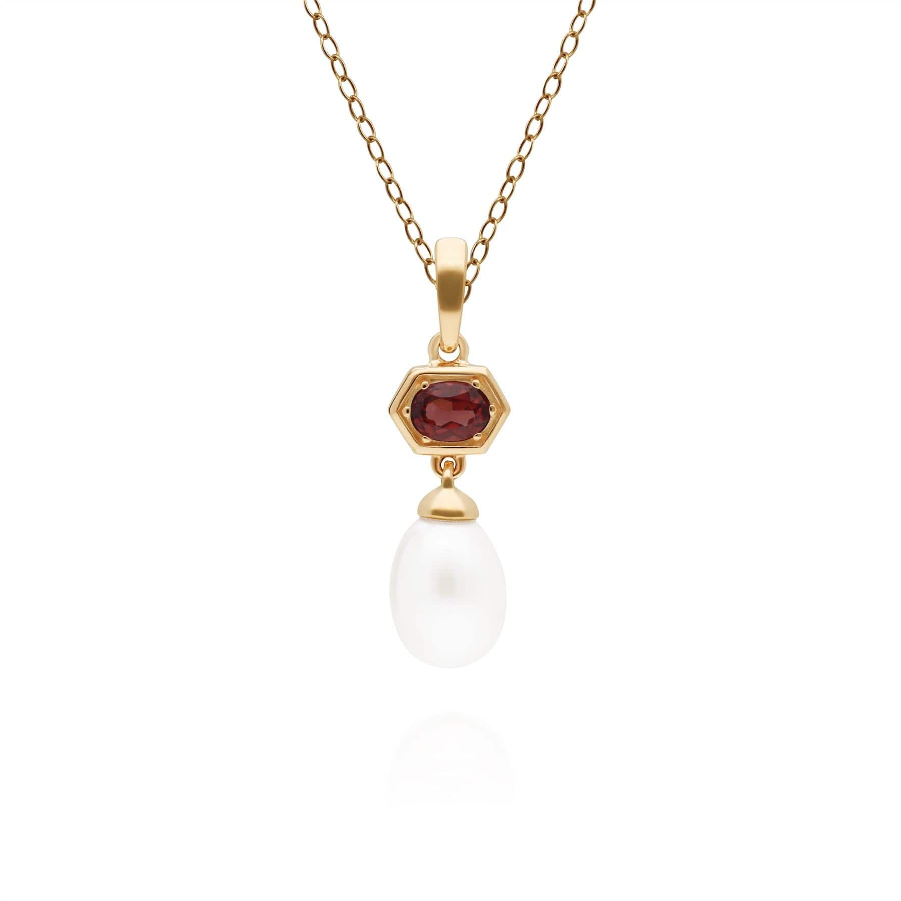 270P030207925 Modern Pearl & Garnet Hexagon Drop Pendant in Gold Plated Silver 1