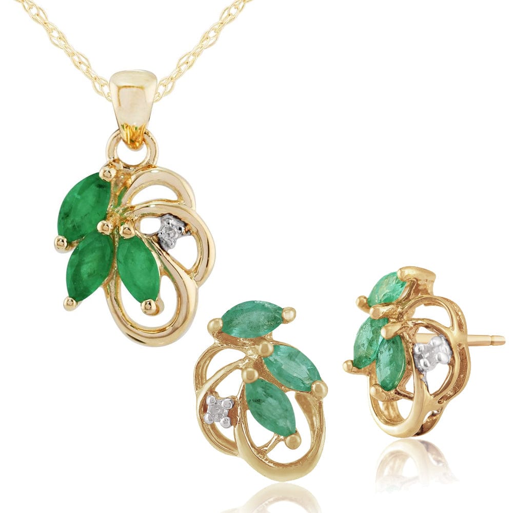 7013-7074 Art Nouveau Style Style Marquise Emerald & Diamond Leaf Stud Earrings & Pendant Set in 9ct Yellow Gold 1