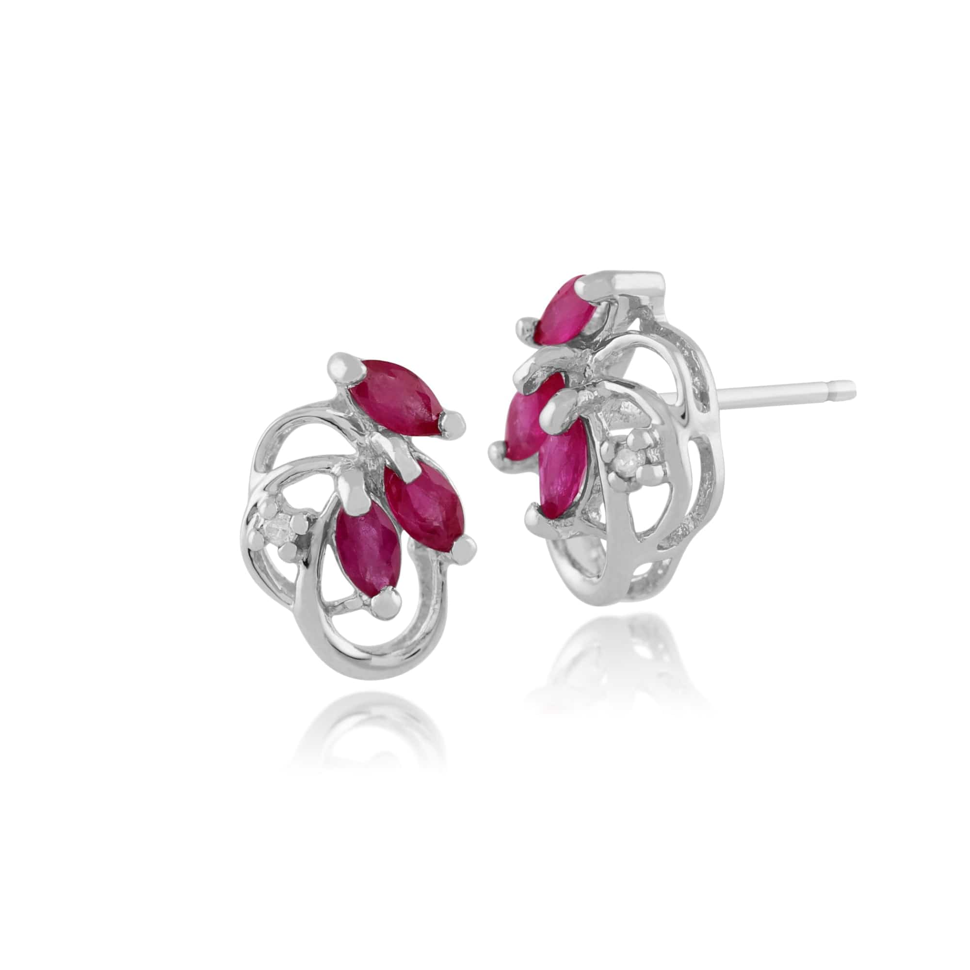 9ct White Gold 0.45ct Natural Ruby & Diamond Floral Stud Earrings Image