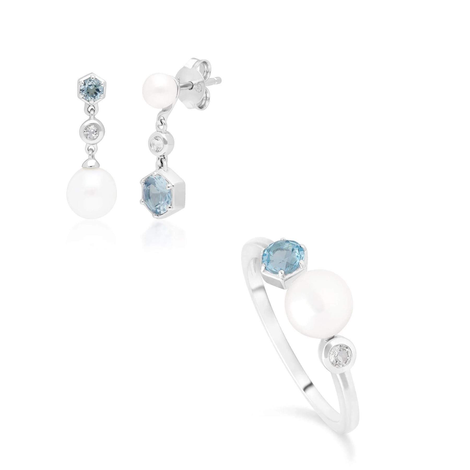 270E027201925-270R057601925 Modern Pearl & Topaz Ring & Drop Earring Set in Silver 1