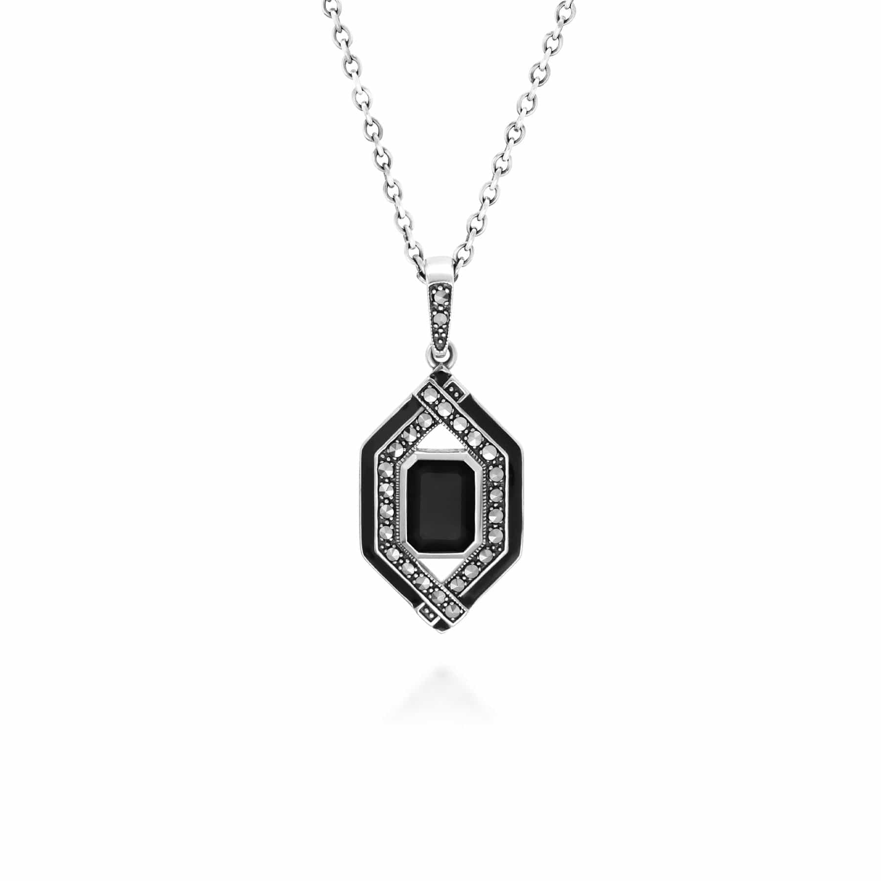 Art Deco Inspired Black Spinel, Enamel & Marcasite Necklace in Sterling Silver - Gemondo