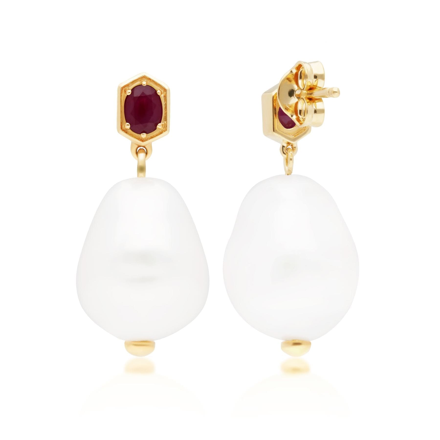 Modern Baroque Pearl & Ruby Drop Earrings in Gold Plated Silver - Gemondo