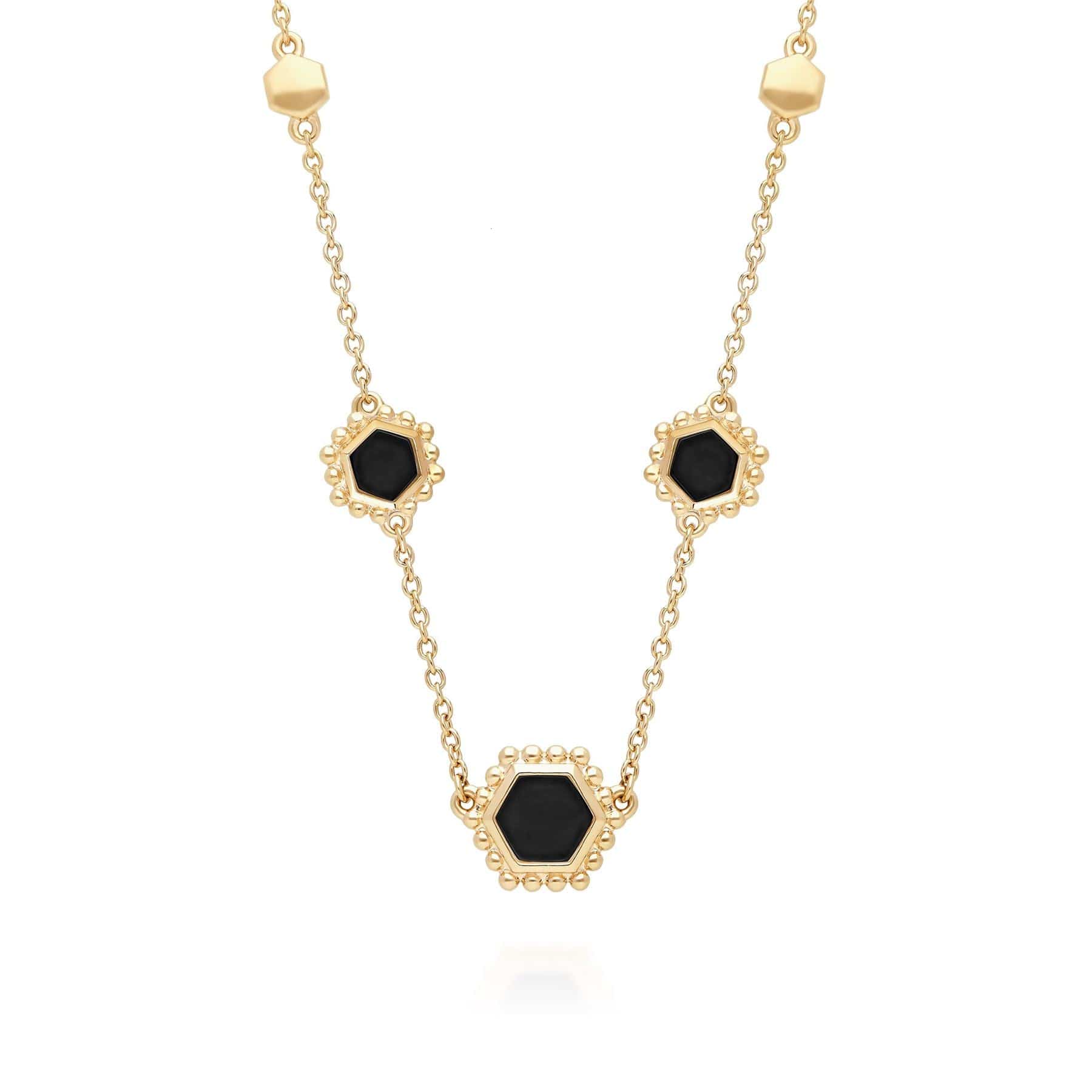 Black Onyx Flat Slice Hex Chain Necklace in Gold Plated Sterling Silver