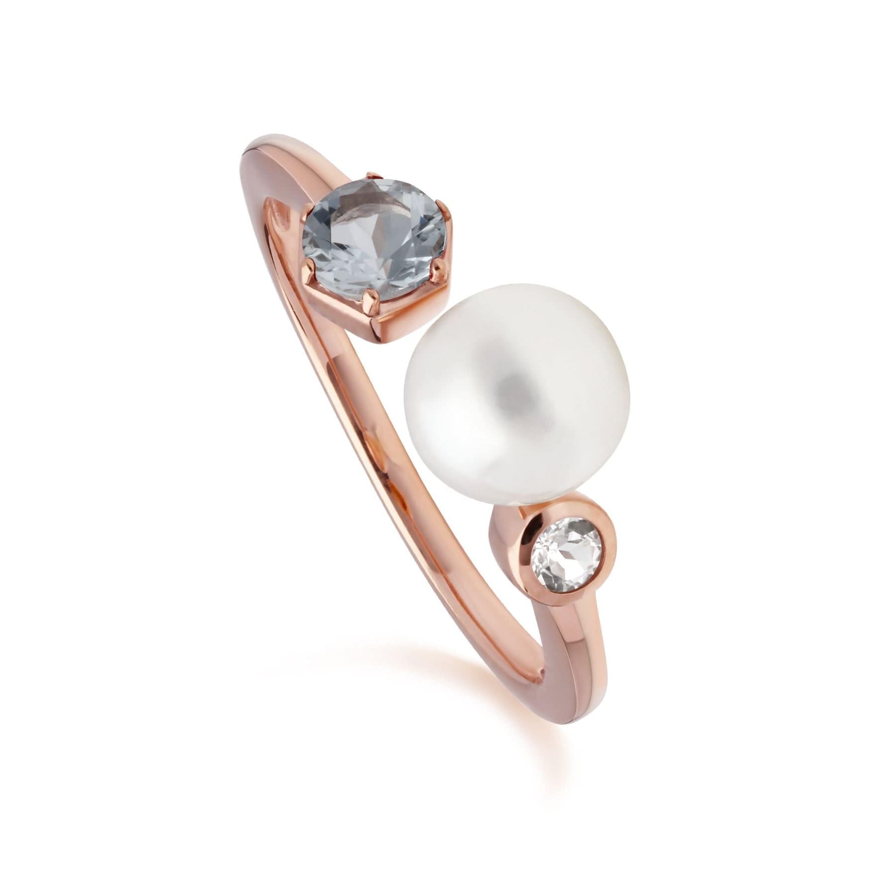 Modern Pearl, Aquamarine & Topaz Open Ring in Rose Gold Plated Silver - Gemondo