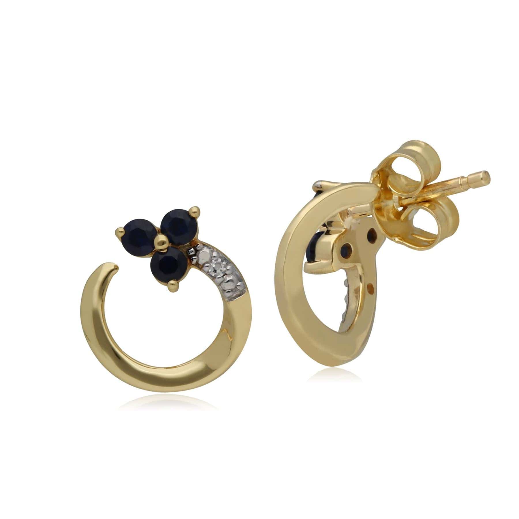Classic Floral Sapphire & Diamond Swirl Stud Earrings in 9ct Yellow Gold - Gemondo