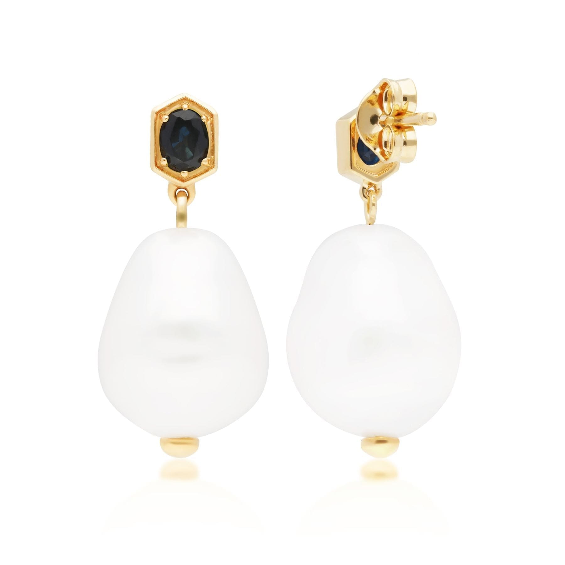 270E028202925 Modern Baroque Pearl & Sapphire Drop Earrings in Gold Plated Silver 4