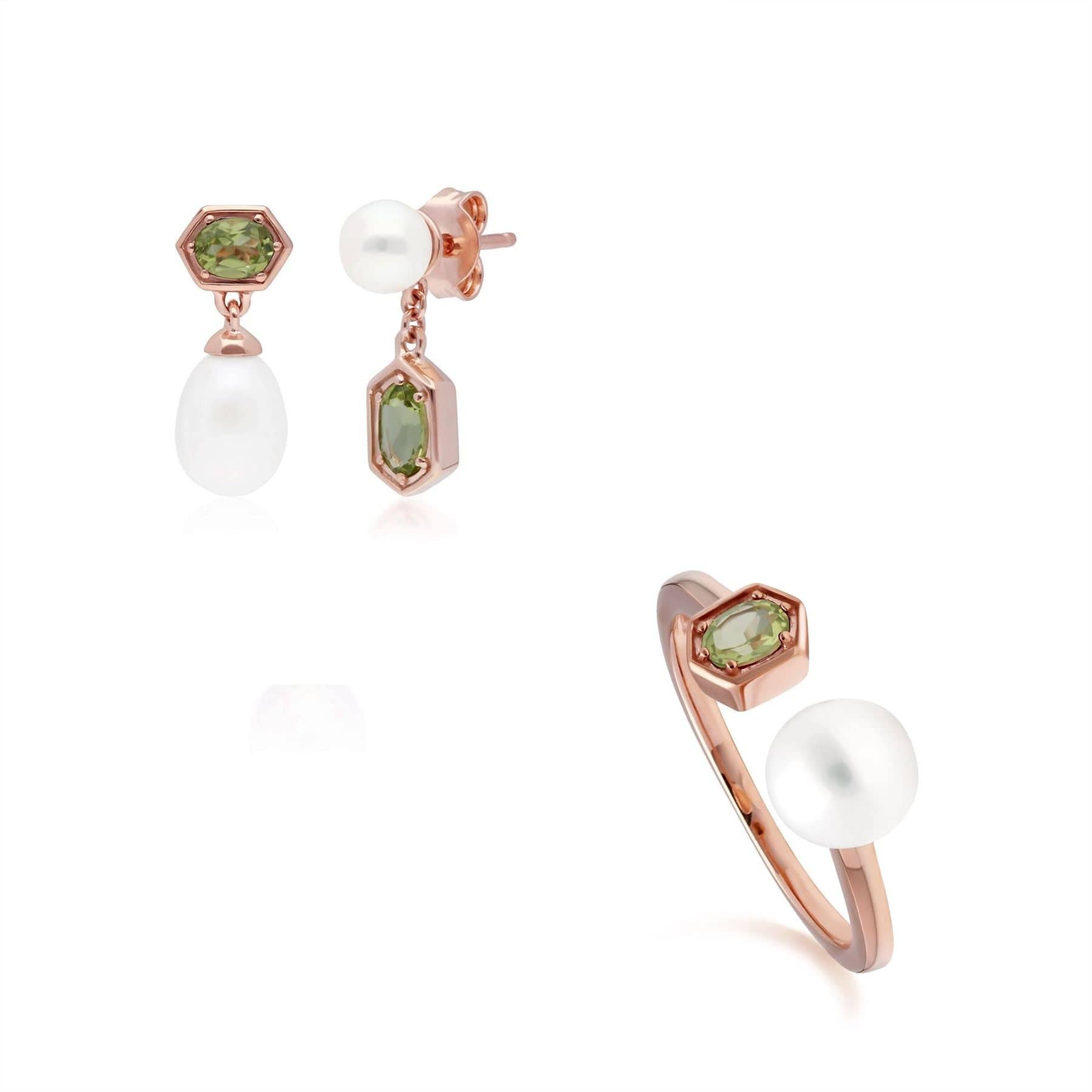 Modern Pearl & Peridot Earring & Ring Set in Rose Gold Plated Silver - Gemondo