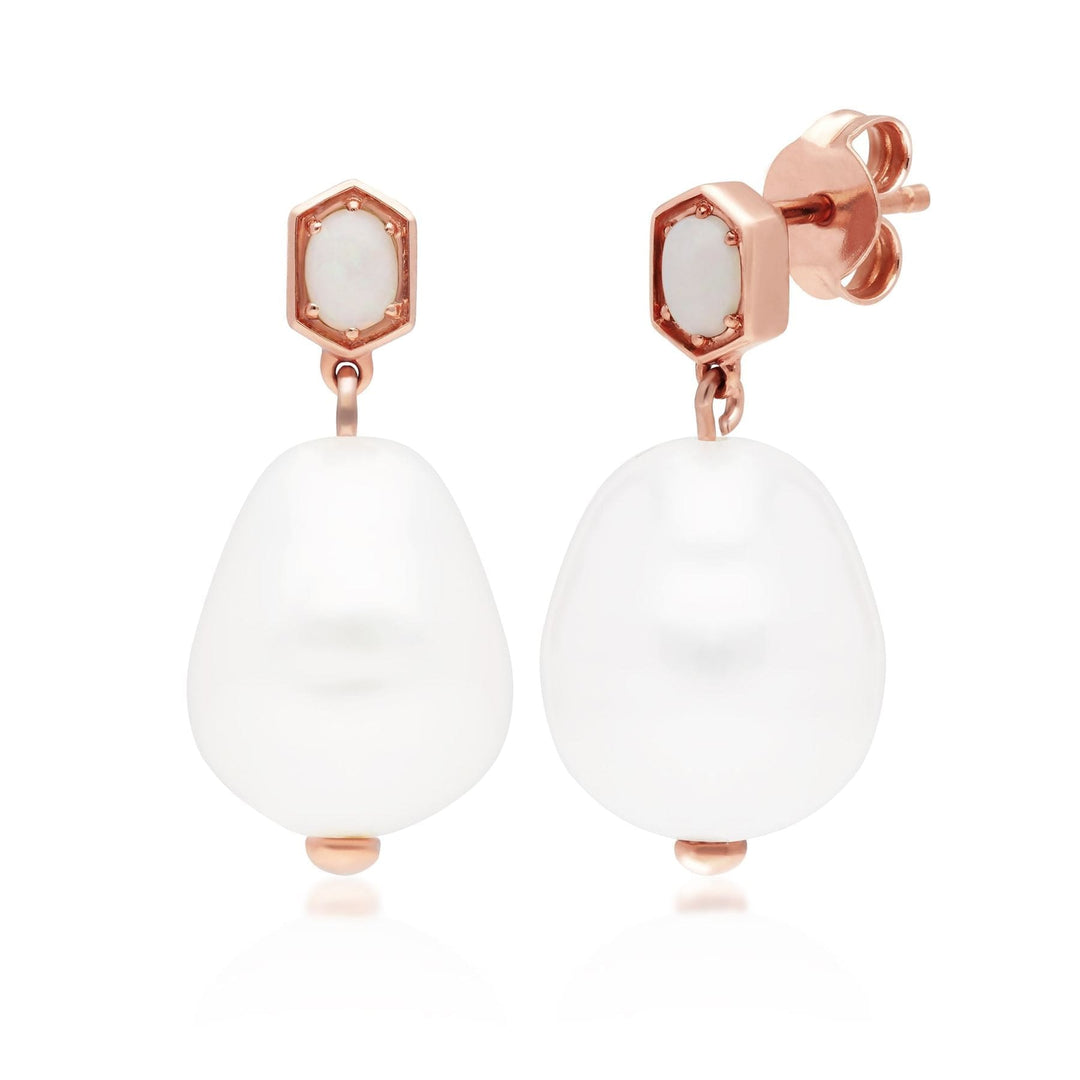 270E031101925 Modern Baroque Pearl & Opal Drop Earrings in Rose Gold Plated Silver 1