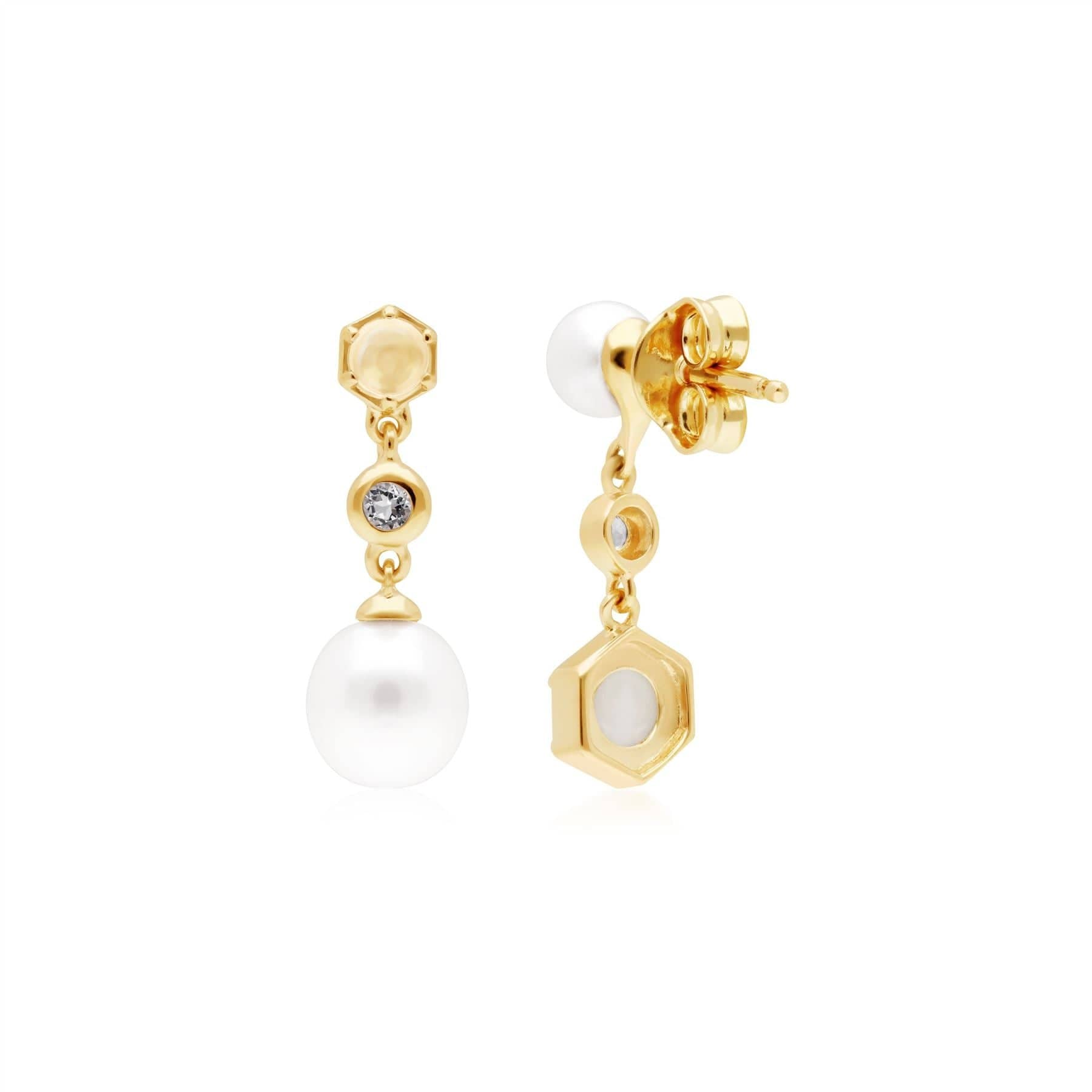 270E030701925 Modern Pearl, Opal & Topaz Mismatched Drop Earrings in Gold Plated Silver 4
