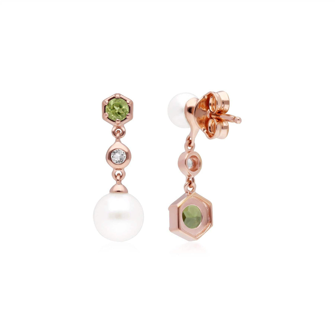 270E030306925 Modern Pearl, Peridot & Topaz Mismatched Drop Earrings in Rose Gold Silver 3