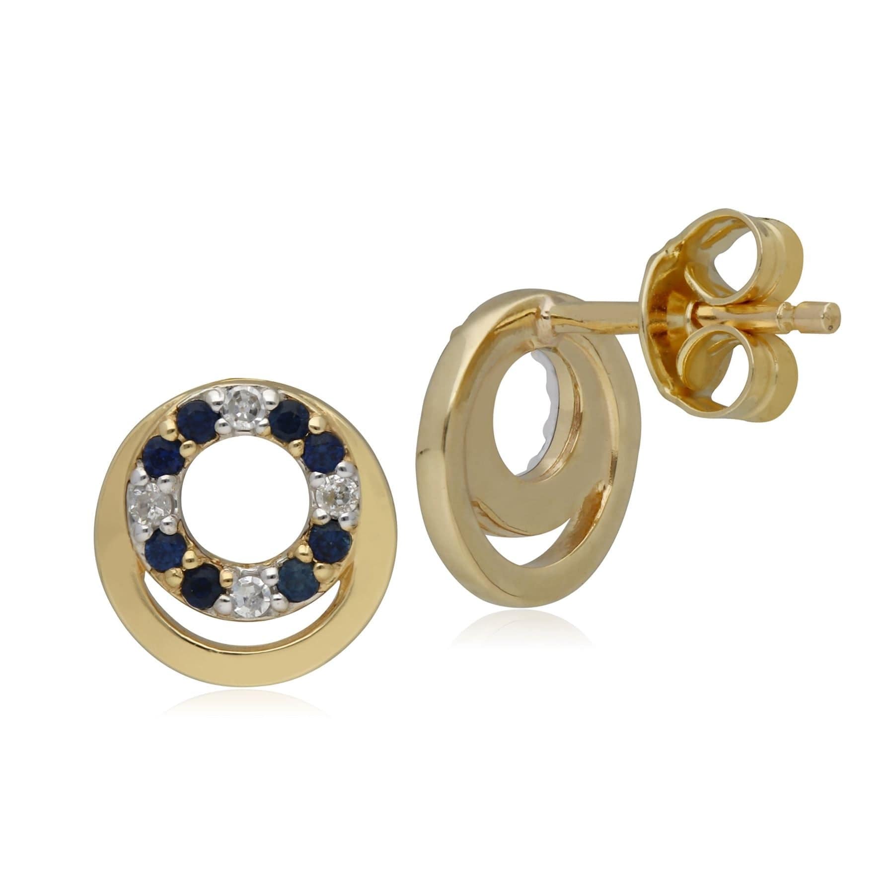 135E1543019 Classic Sapphire & Diamond Circle Stud Earrings in 9ct Yellow Gold 2