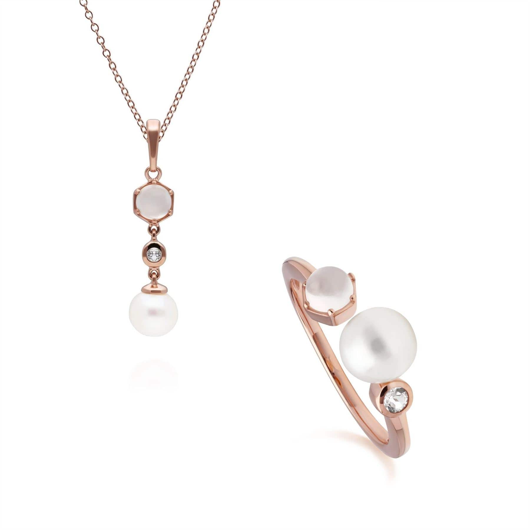 Modern Pearl, Moonstone & Topaz Pendant & Ring Set in Rose Gold Plated Silver - Gemondo