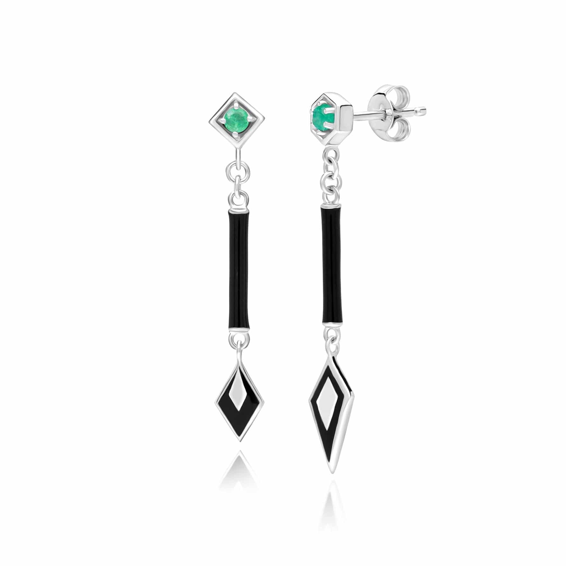 Grand Deco Asymmetrical Emerald Drop Earrings in 9ct White Gold - Gemondo