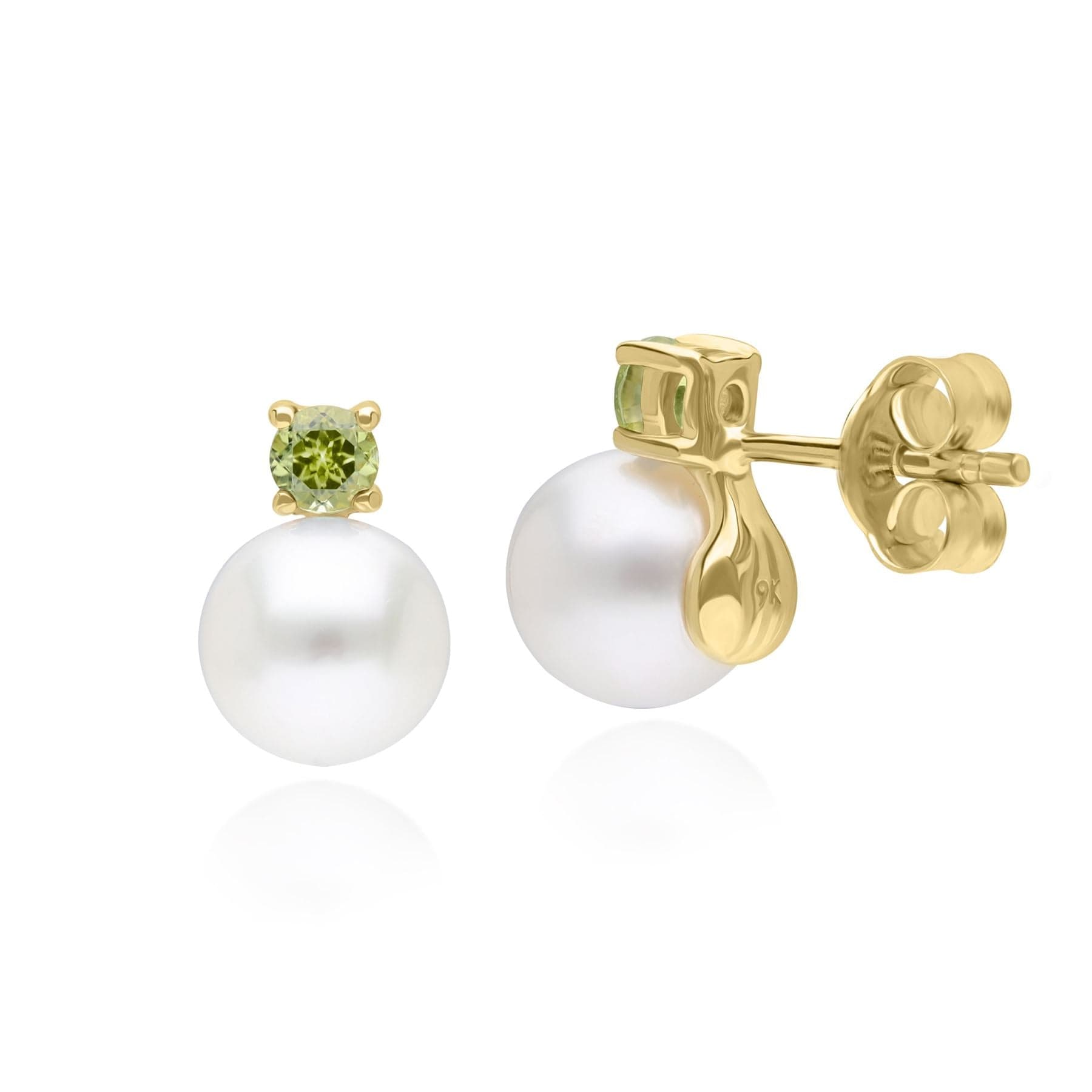 Modern Pearl & Peridot Stud Earrings in 9ct Yellow Gold - Gemondo