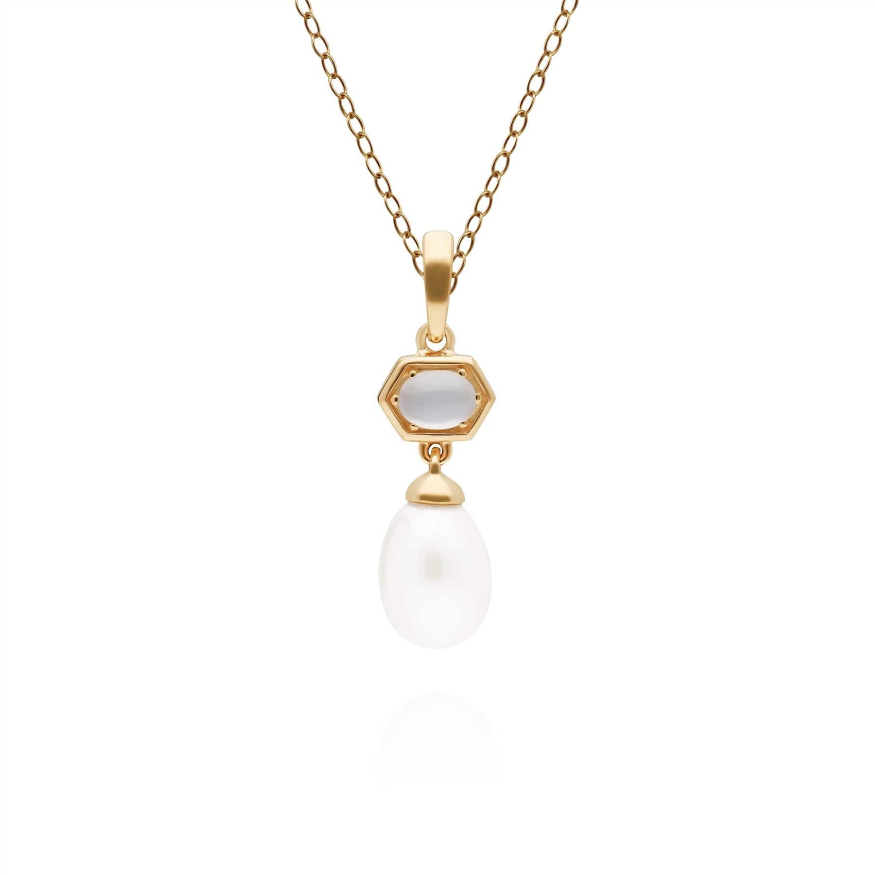 Modern Pearl & Moonstone Hexagon Drop Pendant in Gold Plated Silver - Gemondo