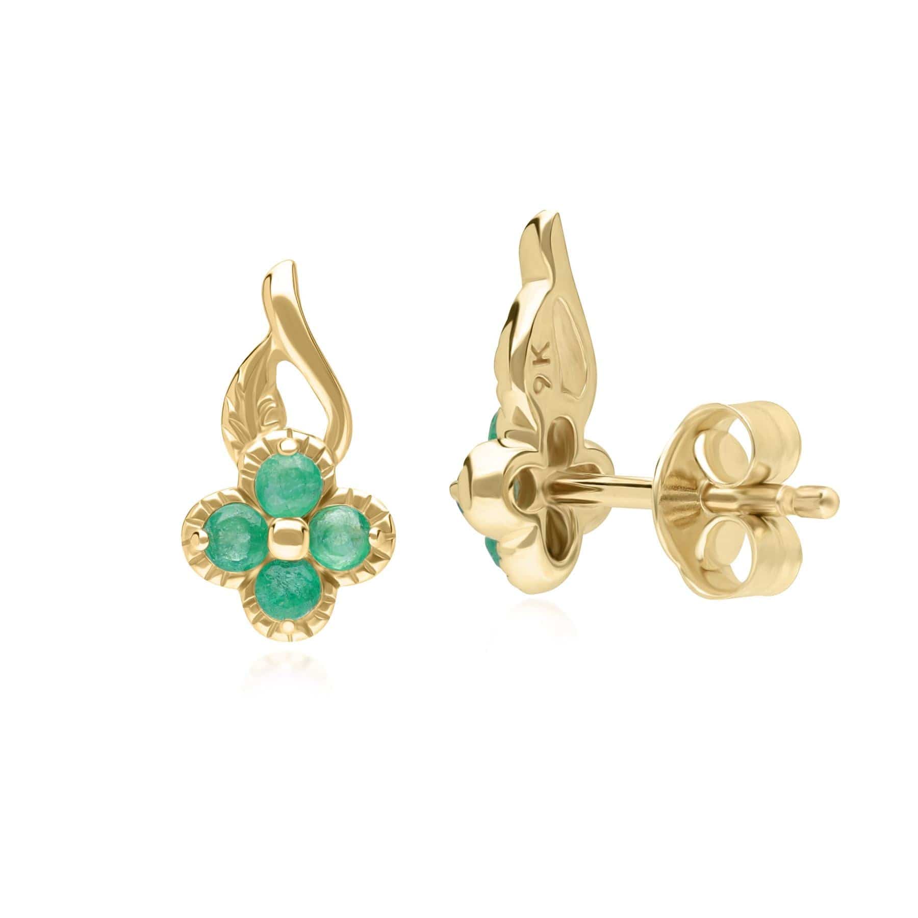 Floral Round Emerald Stud Earrings in 9ct Yellow Gold - Gemondo