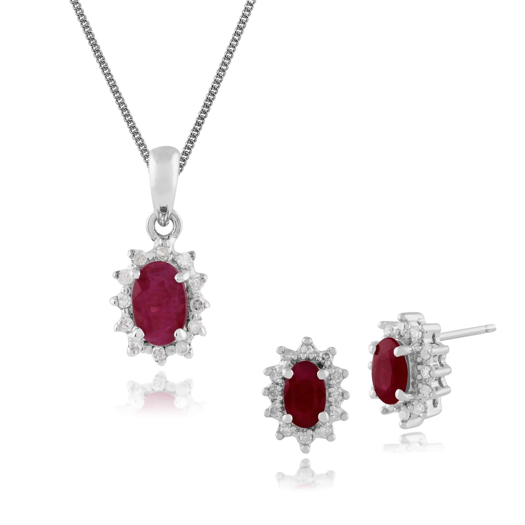 8613-7061 Classic Oval Ruby & Diamond Halo Stud Earrings & Pendant Set in 9ct White Gold 1