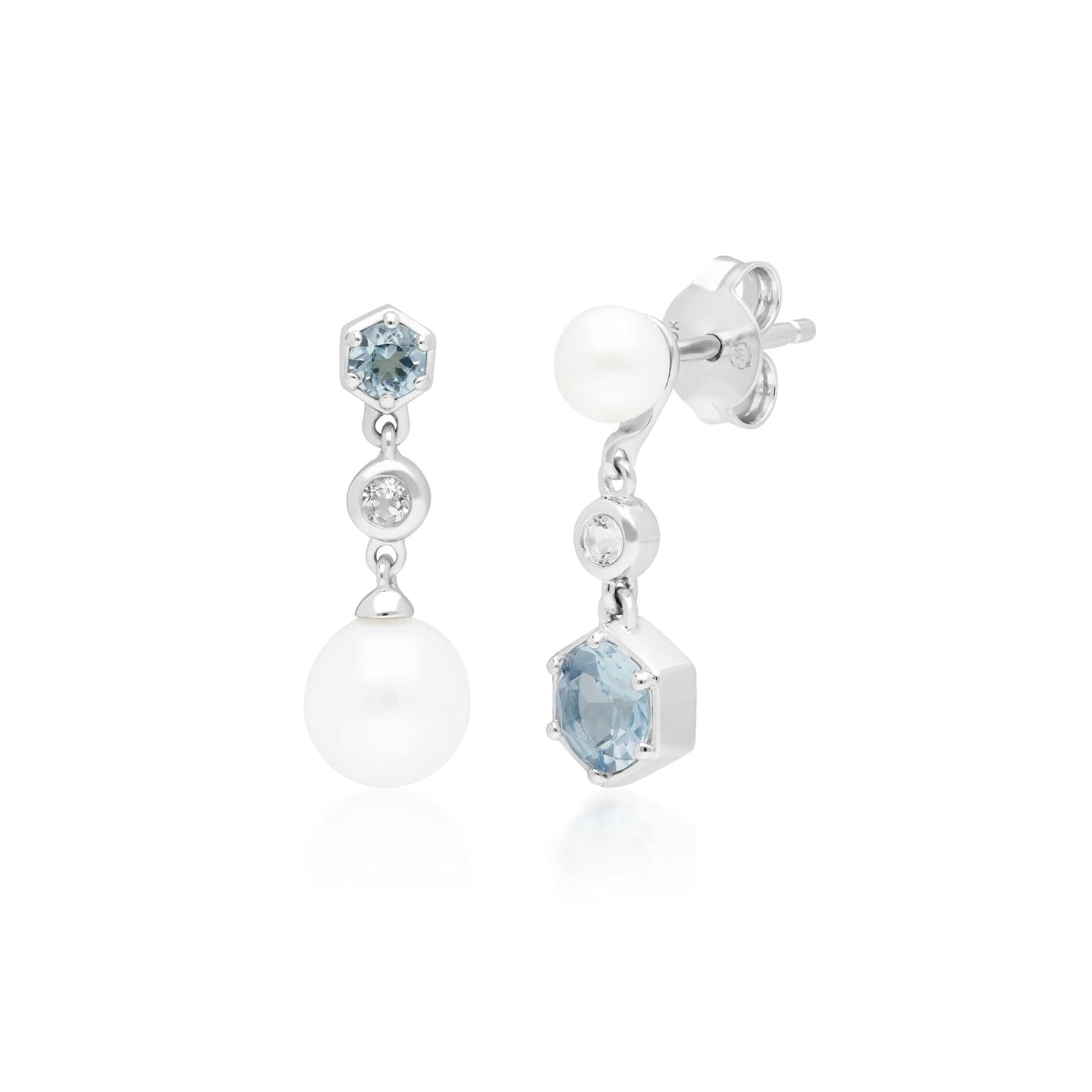 Modern Pearl & Topaz Drop Earrings in Silver - Gemondo