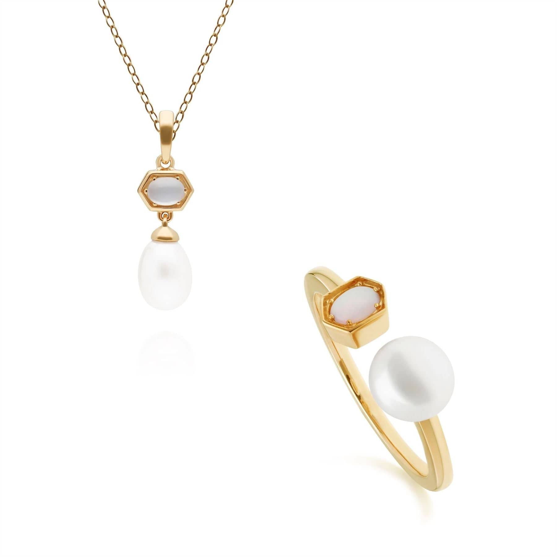 Modern Pearl & Moonstone Pendant & Ring Set in Gold Plated Silver - Gemondo