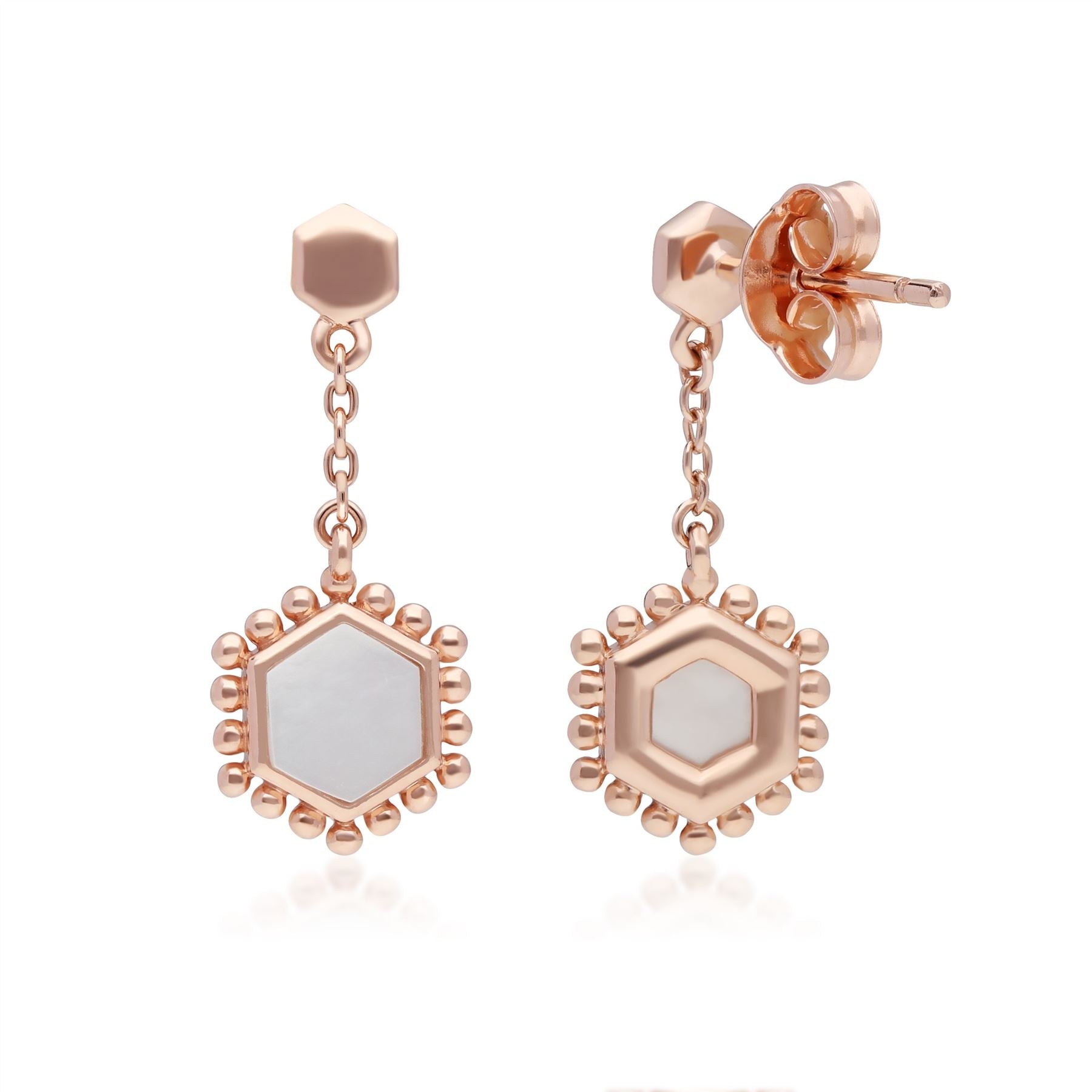 Mother of Pearl Slice Chain Drop Earrings in Rose Gold Plated Sterling Silver