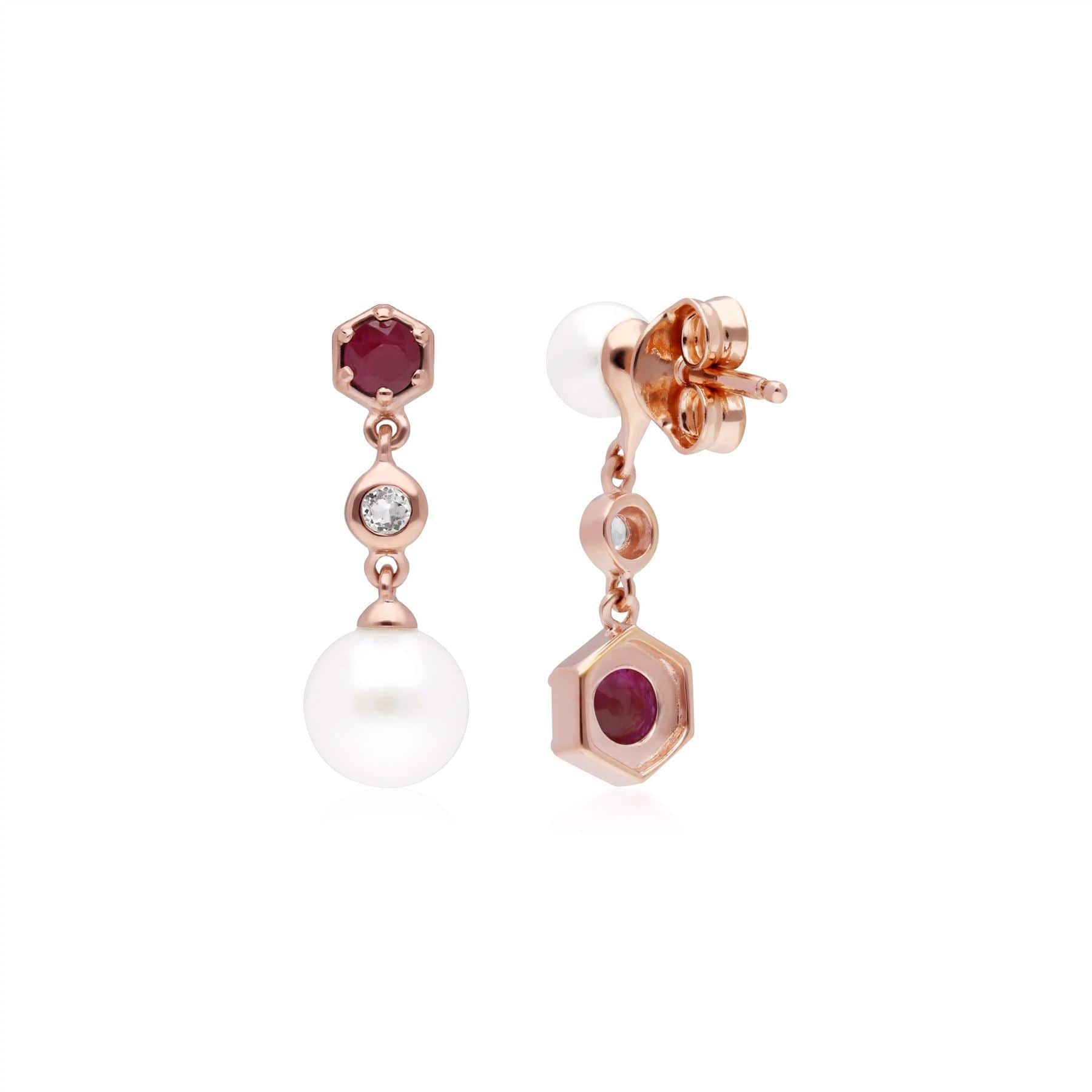 Modern Pearl, Ruby & Topaz Mismatched Drop Earrings in Rose Gold Plated  Silver - Gemondo