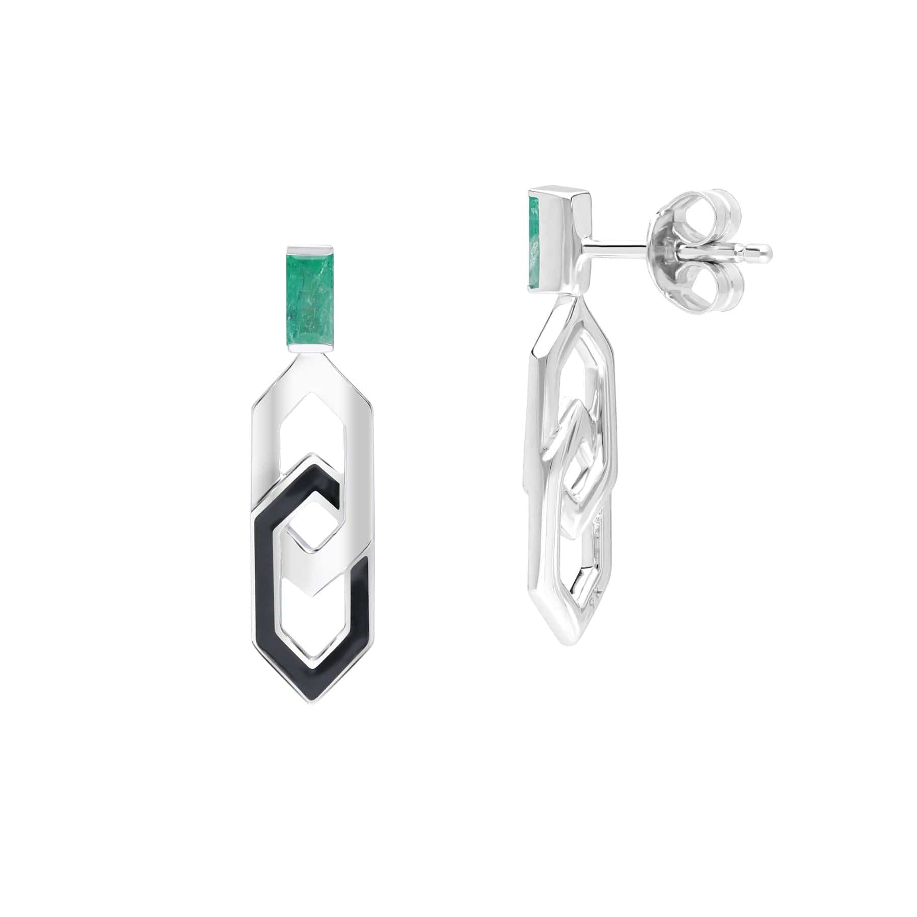 Grand Deco Enamel & Emerald Link Drop Earrings in 9ct White Gold 2
