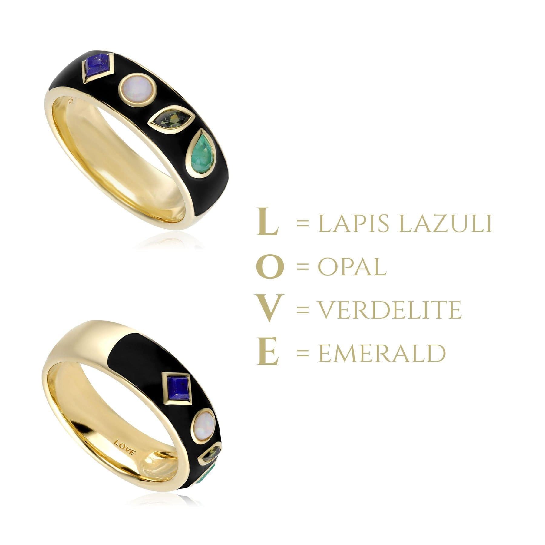 253R663701925 Coded Whispers Black Enamel 'Love' Acrostic Gemstone Ring In Yellow Gold Plated Silver 4