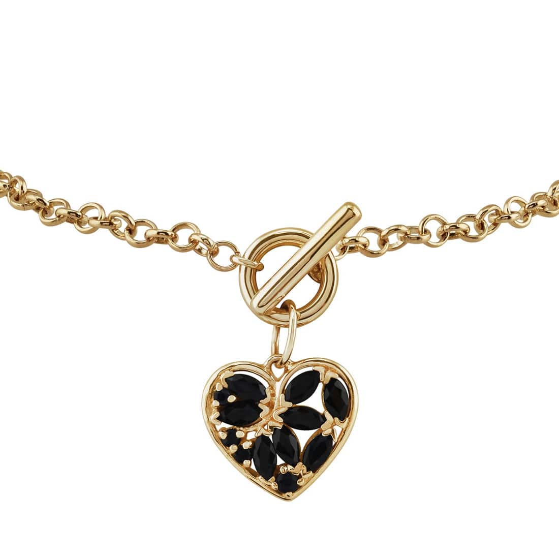 Classic Marquise Sapphire Heart Charm T-Bar Bracelet in 9ct Gold - Gemondo