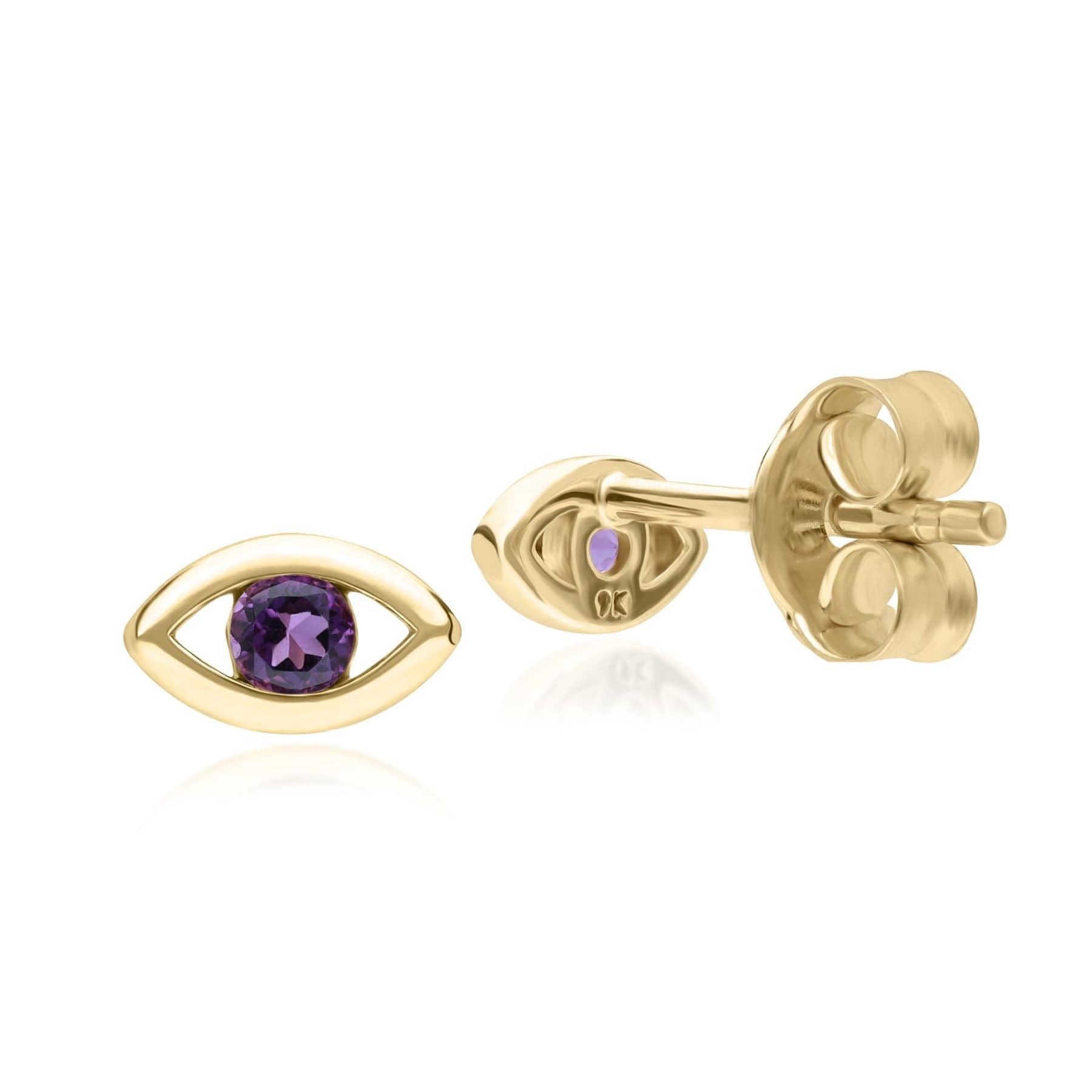 ECFEW™ Dainty Evil Eye Amethyst Stud Earrings in 9ct Yellow Gold - Gemondo