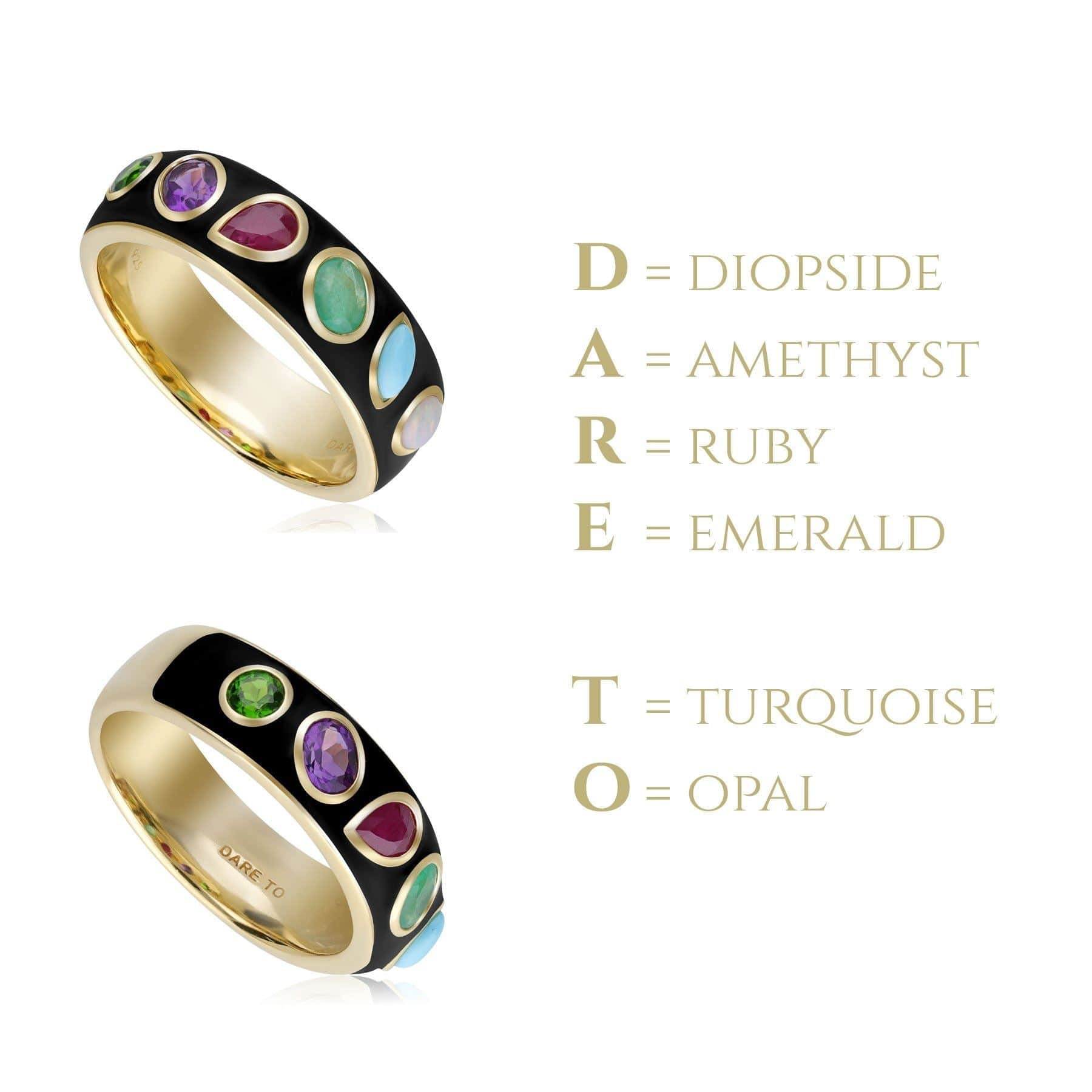 253R664001925 Coded Whispers Black Enamel 'Dare to' Acrostic Gemstone Ring In Yellow Gold Plated Silver 4