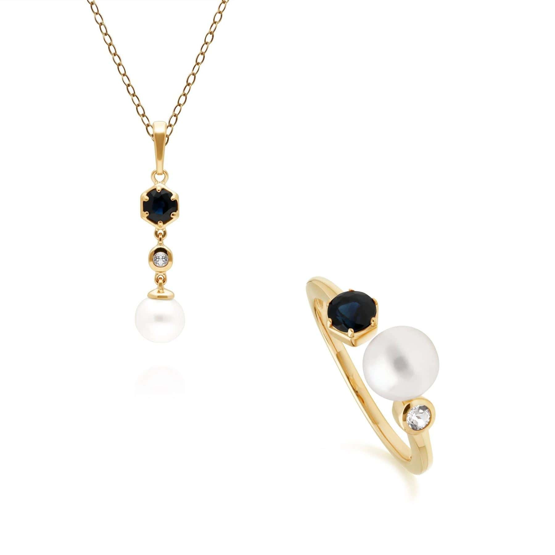 Modern Pearl, Sapphire & Topaz Ring & Pendant Set - Gemondo