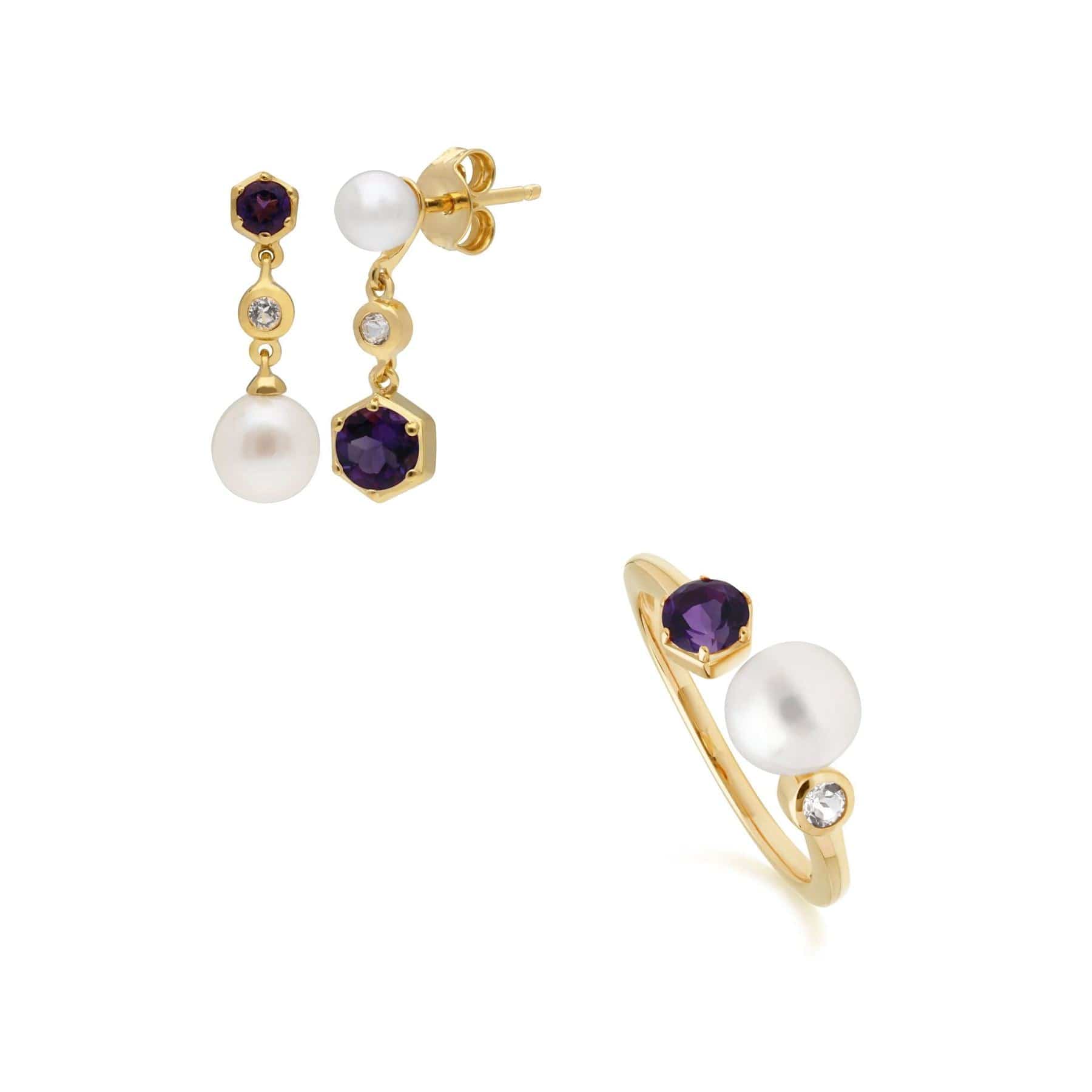 Modern Pearl, Topaz & Amethyst Earring & Ring Set in Gold Plated Silver - Gemondo