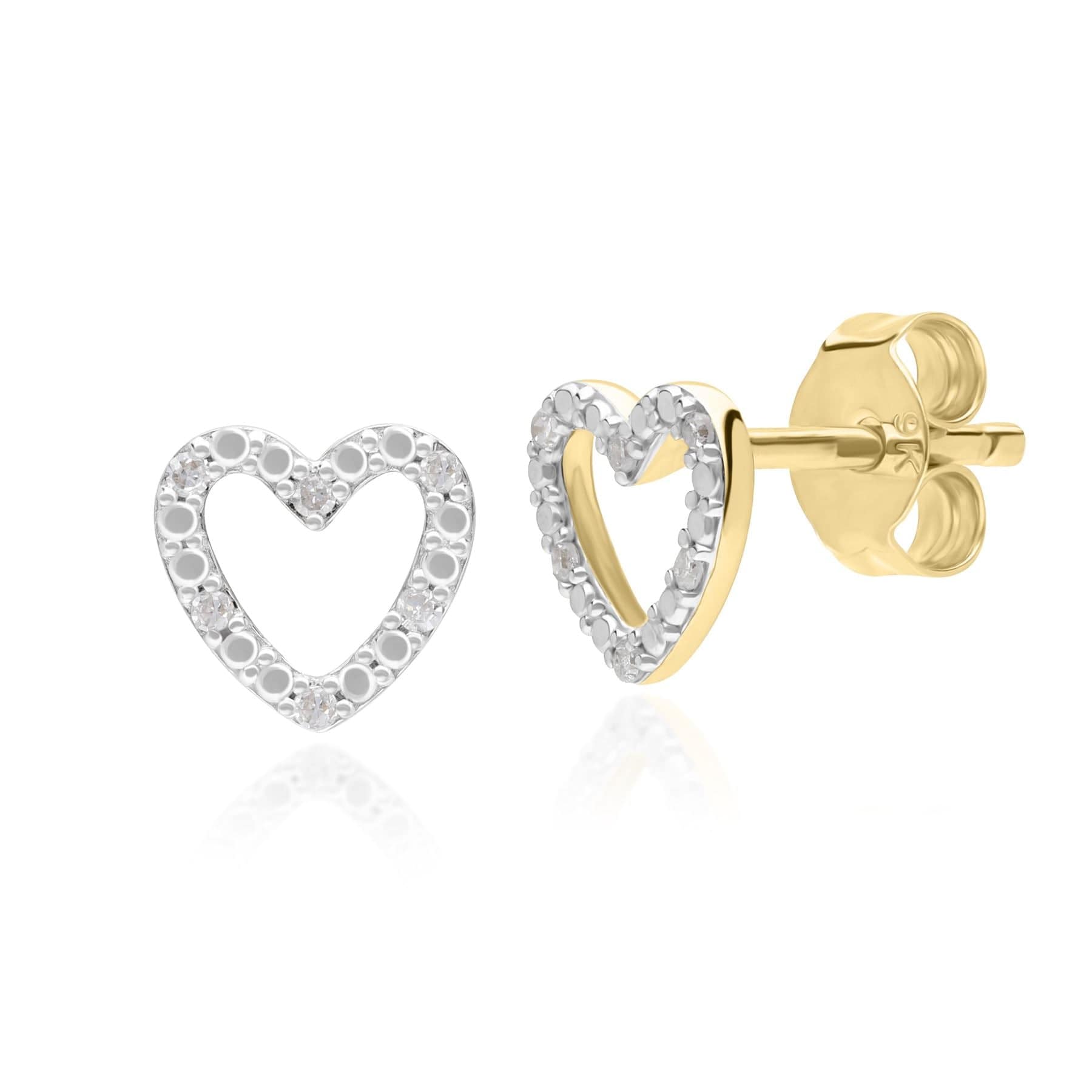 Diamond Love Heart Stud Earrings in 9ct Yellow Gold - Gemondo