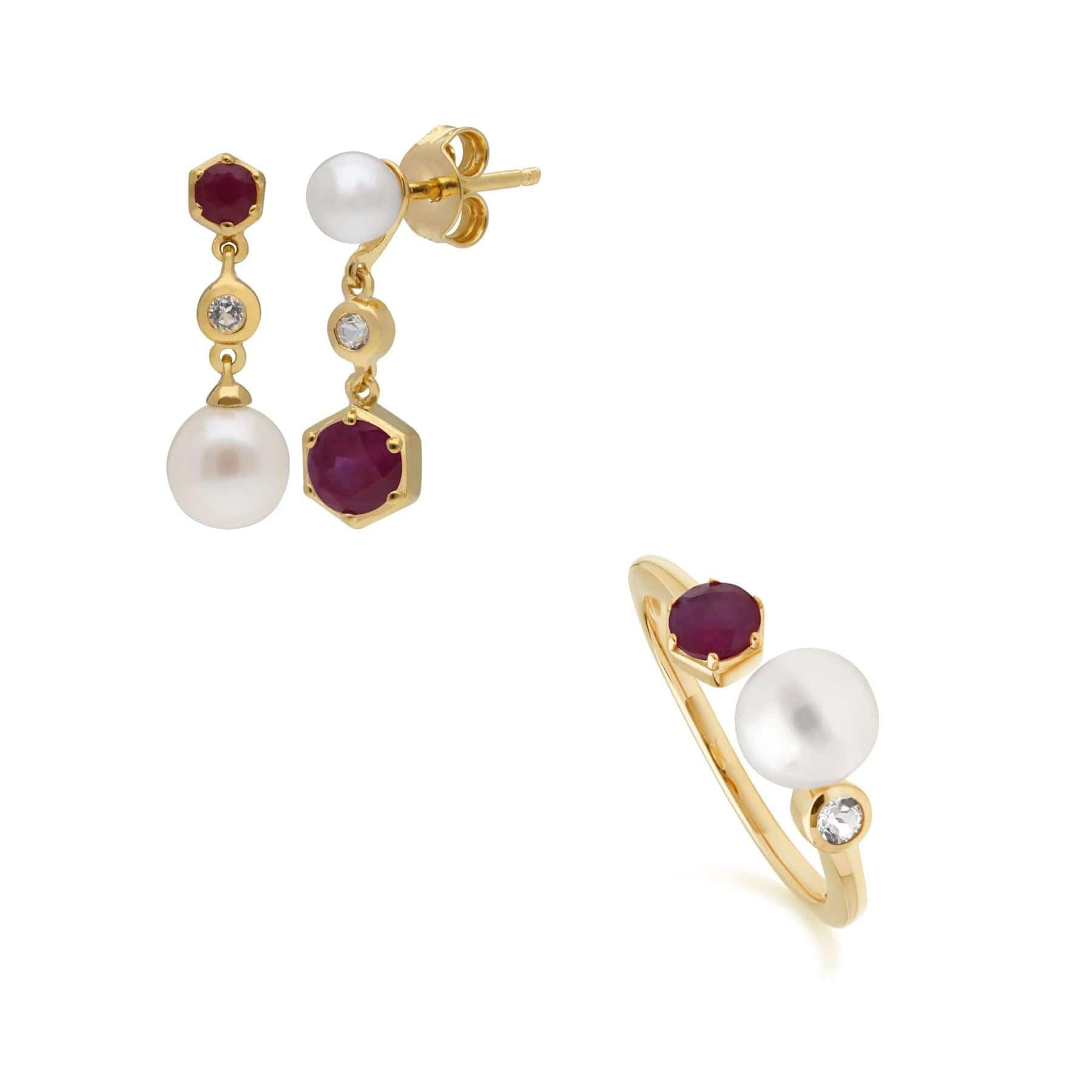 Modern Pearl, Topaz & Ruby Earring & Ring Set in Gold Plated Silver - Gemondo