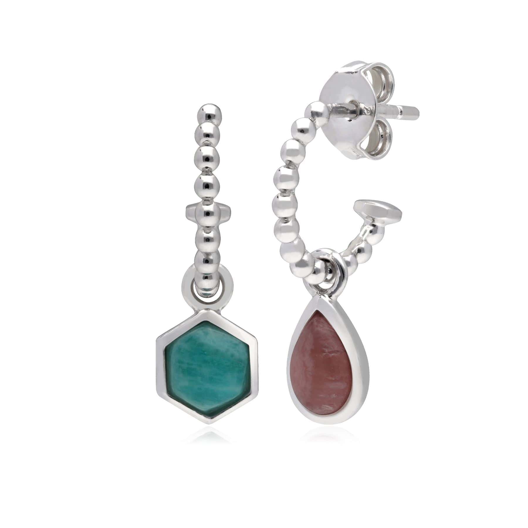 270E029401925 Micro Statement Rhodochrosite & Amazonite Mismatched Hoop Earrings in 925 Sterling Silver 1