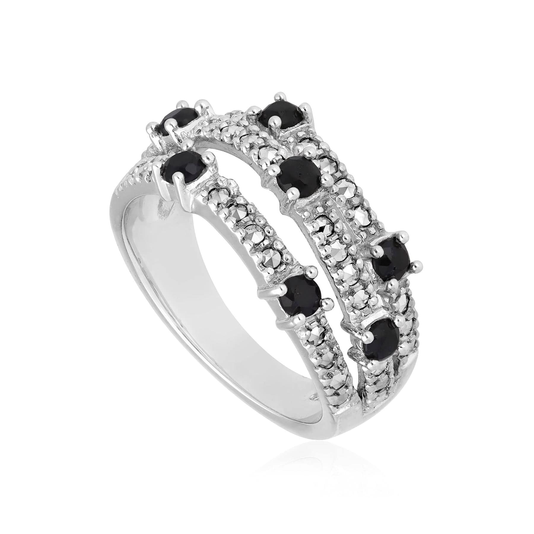 Kosmos Black Sapphire and Marcasite Ring in Sterling Silver - Gemondo