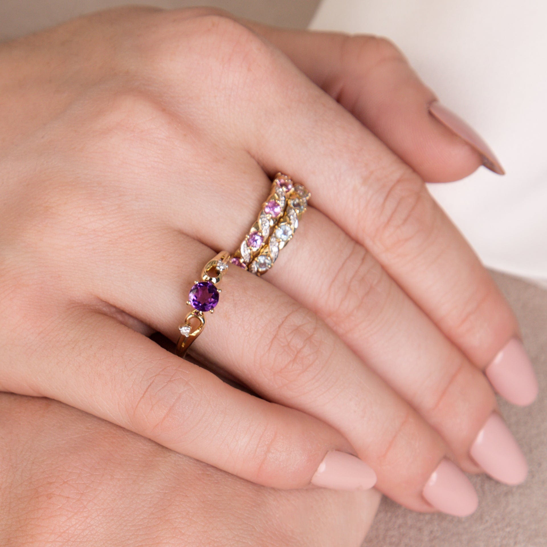 Classic Art Nouveau Style 9ct Yellow Gold Pink Sapphire & Diamond Half Eternity Ring on Model